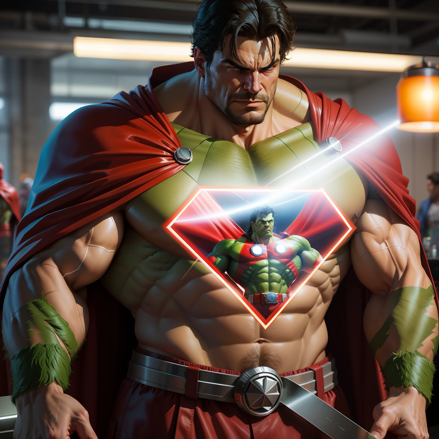 raw photo, a man in a red cape standing next to a hulk, a comic book panel by anthony palumbo, behance, photorealism, dc comics, marvel comics, reimagined by industrial light and magic