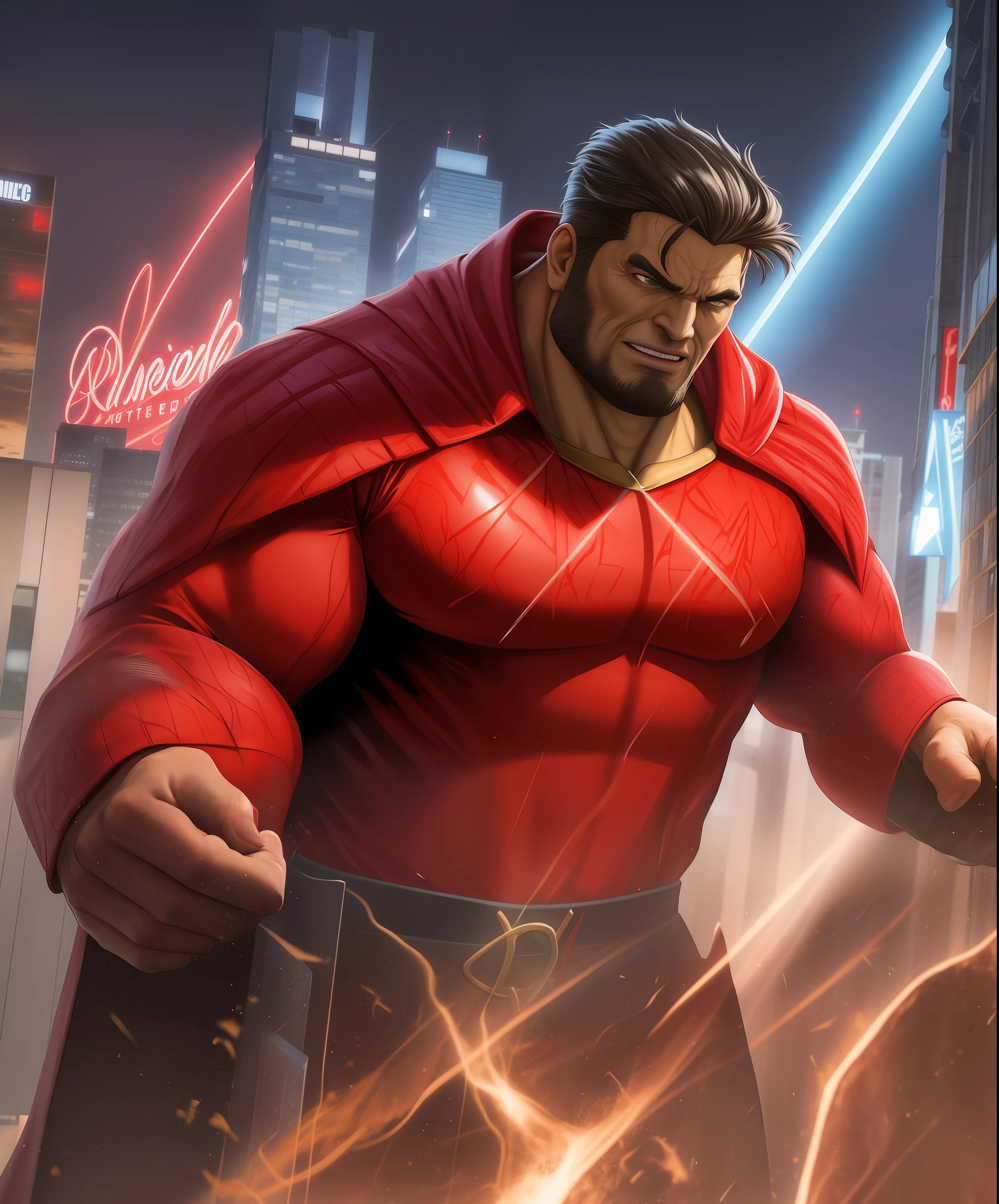 a man in a red cape standing next to a hulk, a comic book panel by anthony palumbo, behance, photorealism, dc comics, marvel comics, reimagined by industrial light and magic, best quality, high quality, highres, detail enhancement, 8k, hdr, sharp focus, ultra detailed, perfect lighting