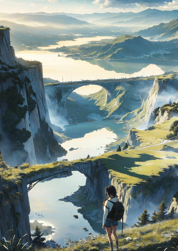 ((((Masterpiece))), best quality, super detailed, extremely detailed CG Unity 8k wallpaper, breathtaking, full of tension and drama, stunning visuals, majestic sky and skyline, vast expanse of grassland, high shining North Star, colorful natural light. [(1girl), back view, wearing a long-sleeved shirt and denim shorts, carrying a backpack, dynamic and lively, overlooking the vast nature ahead:]