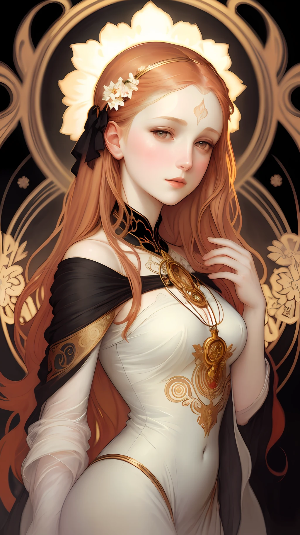 masterpiece, water color painting style, abstract, pastel colors, bright eyes, pale skin, (((elegant woman face art))), gorgeous, red hair, detailed face, backlight effect, abstract flower details, golden ratio, intricate, ((minimalist black background)), soft light, soft shadows, 12k resolution, best quality, high detailed, UHD, cinematic production, black background, painting by Alphonse Mucha