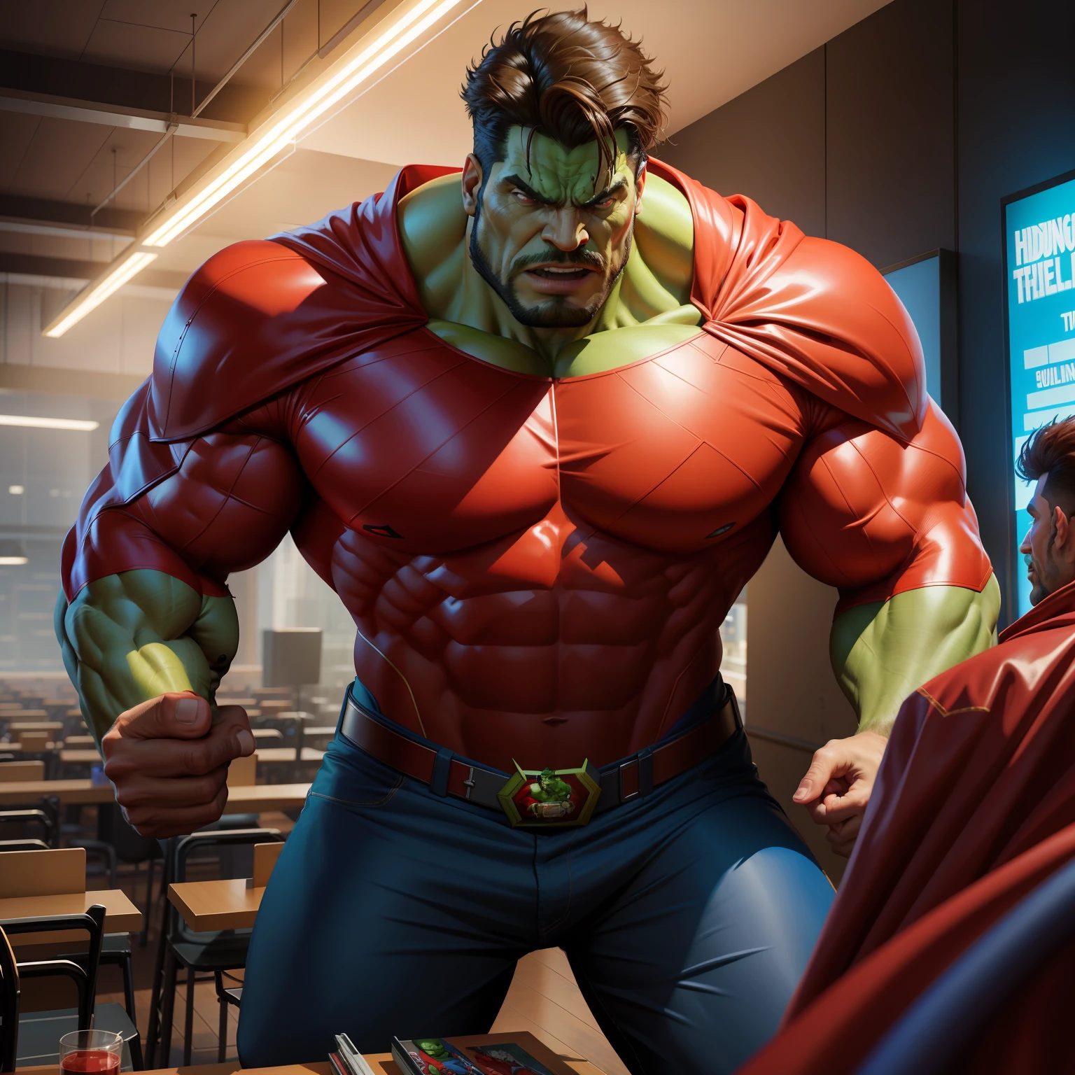 a man in a red cape standing next to a hulk, a comic book panel by anthony palumbo, behance, photorealism, dc comics, marvel comics, reimagined by industrial light and magic, best quality, high quality, highres, detail enhancement, 8k, hdr, sharp focus, ultra detailed, perfect lighting