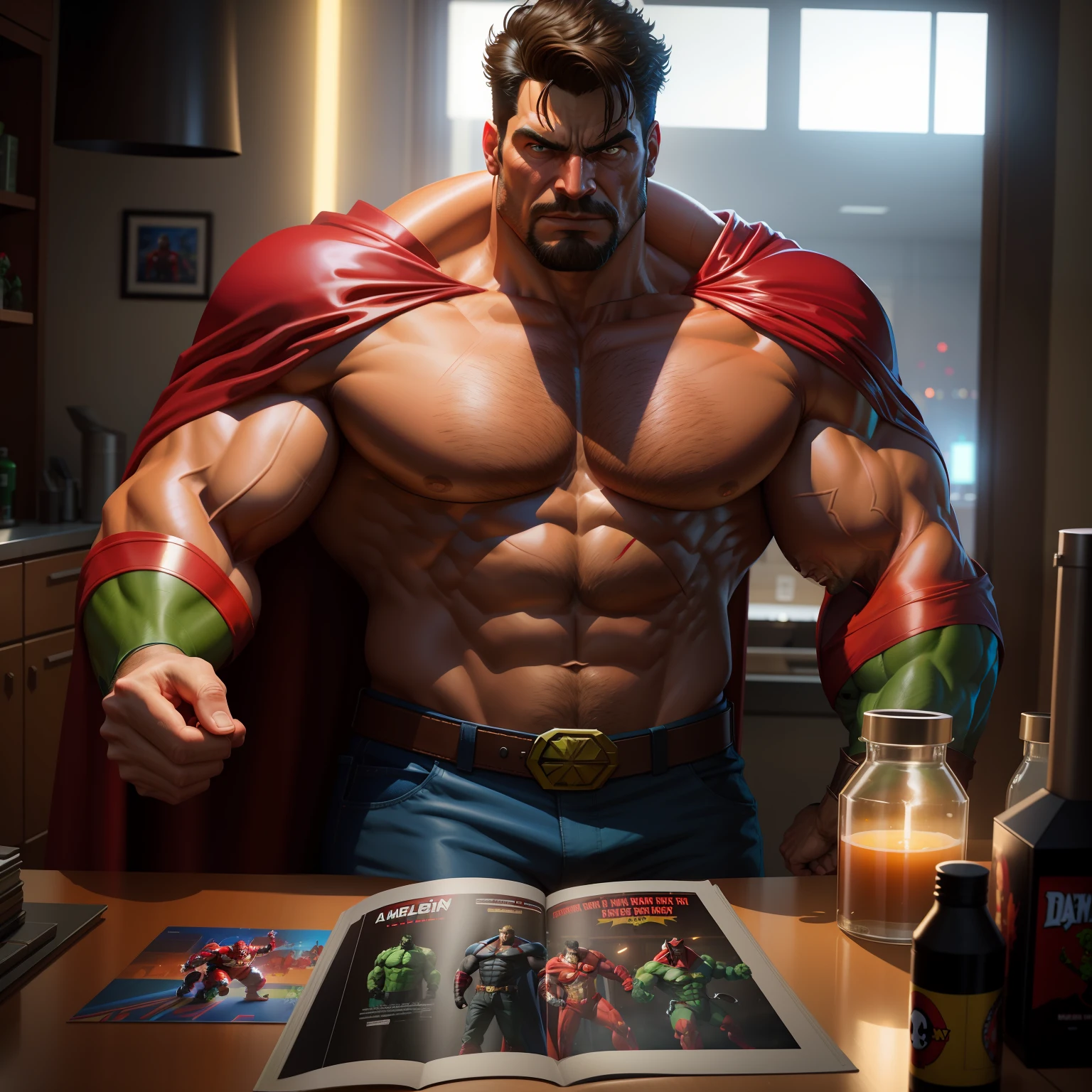 a man in a red cape standing next to a hulk, a comic book panel by anthony palumbo, behance, photorealism, dc comics, marvel comics, reimagined by industrial light and magic, best quality, high quality, highres, detail enhancement, 8k, hdr, sharp focus, ultra detailed, perfect lighting