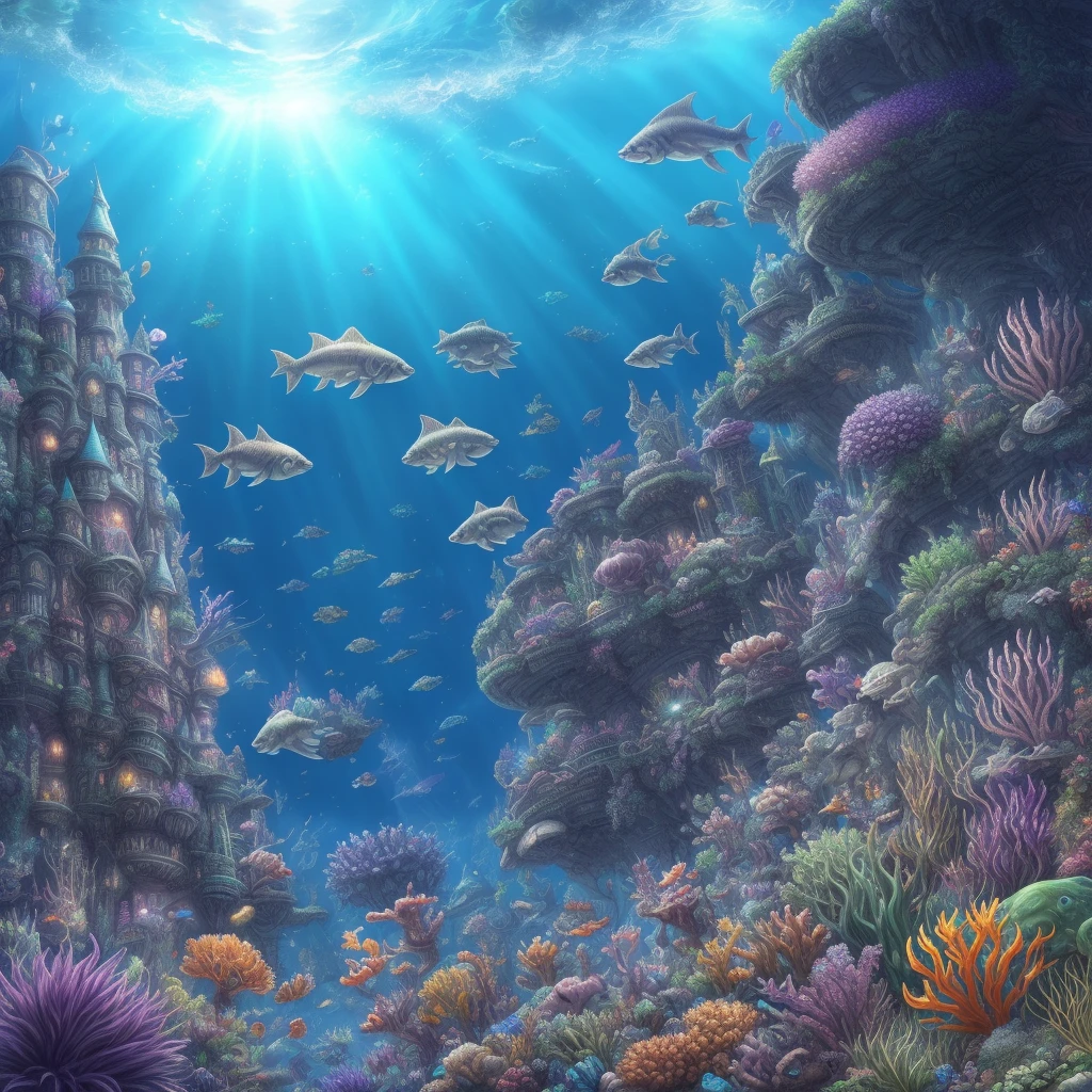 realistic undersea world many different, detailed, colorful magic plants, rampant flowers and strange animals, different type of fishes, many jellyfishes, sank detailed spaceship, japanese buildings underwater, miscellaneous art style, realistic use of light, anime aesthetics, 32k, uhd, goblin academia, precise