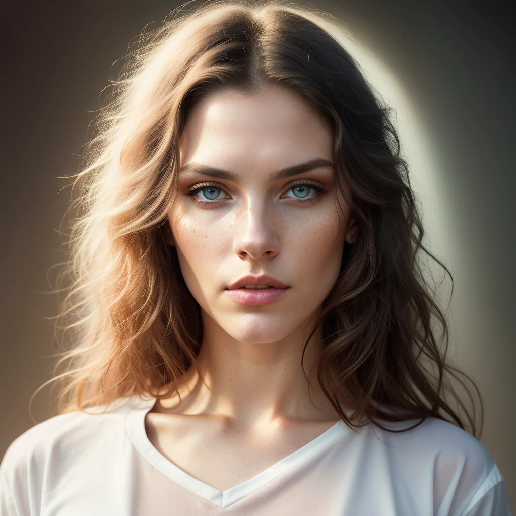 a model ,wearing a white T-shirt without print, wearing a choir belt, front view, looking at camera, nicole kindan, long hair and beautiful as paint, smoky makeup, bright eyes, bluish-golden-gray eyes, golden spots, defined eyes, realistic eyes, doe eyes, beautiful perfect symmetrical face, extremely detailed, melancholy expression, painted by Tom Bagshaw and Eve Ventrue and Jeremy Lipking,  ultra hd, hdr, 8k, cinematic, dramatic lighting, studio Portrait Lighting, illuminated face, 85mm, volumetric lighting, ray tracing reflections