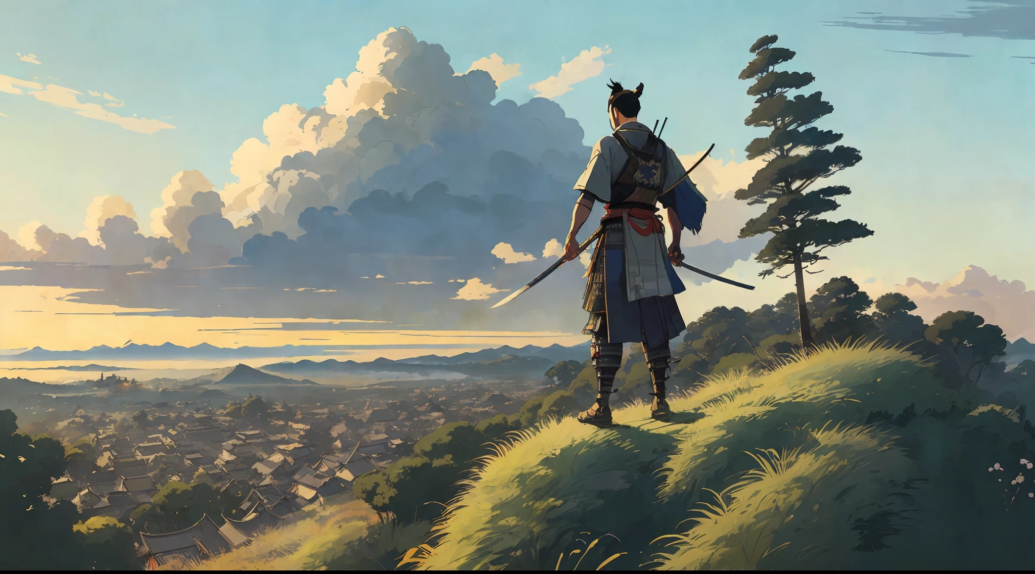 Ultra detailed illustration of a samurai on a hill overlooking a small town, trees, deformed clouds, Perfection, Cartoonish Vector, ((Jeremy Mann mixed with Giovanni Boldini and Studio ghibli)), highly illustrated, Stunning environment, vibrant colors, digital painting, aerial view --v 6