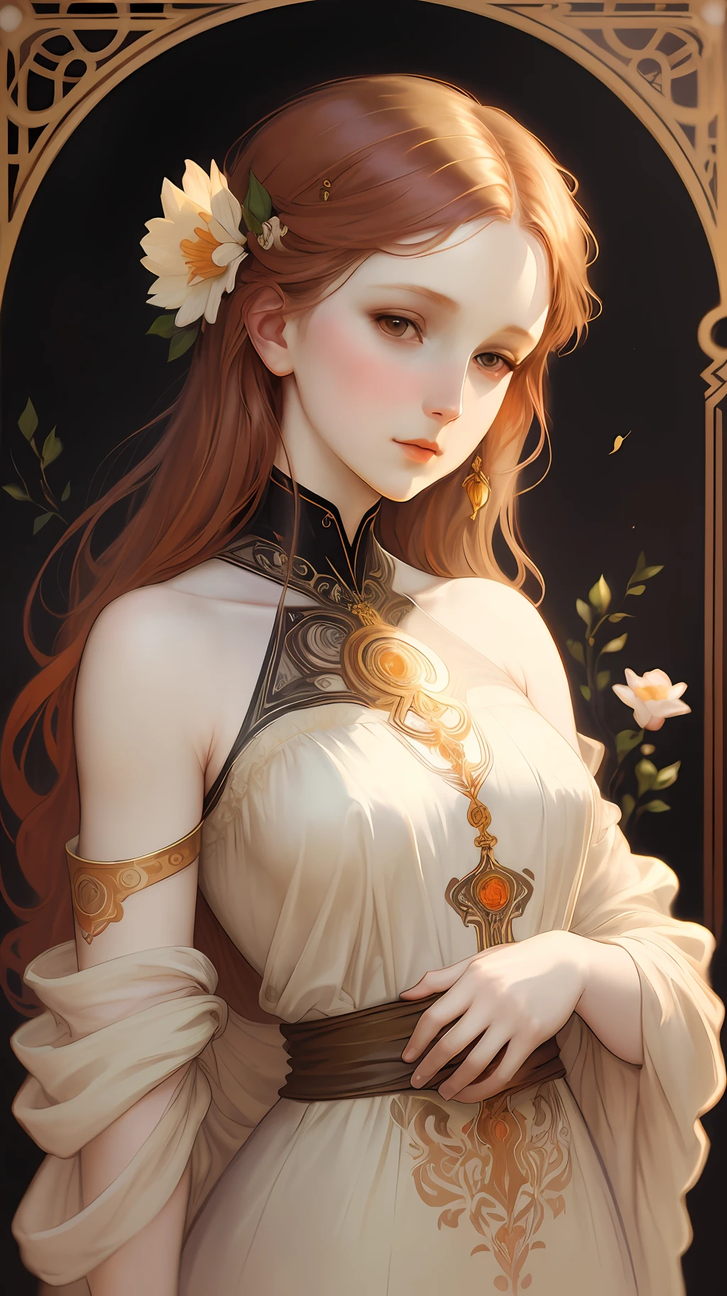 masterpiece, realism, oil painting style, abstract, pastel colors, bright eyes, pale skin, (((elegant woman upper body art))), gorgeous, red hair, detailed face, backlight effect, abstract flower details, golden ratio, intricate, ((minimalist black background)), soft light, soft shadows, 12k resolution, best quality, high detailed, UHD, cinematic production, black background, painting by Alphonse Mucha