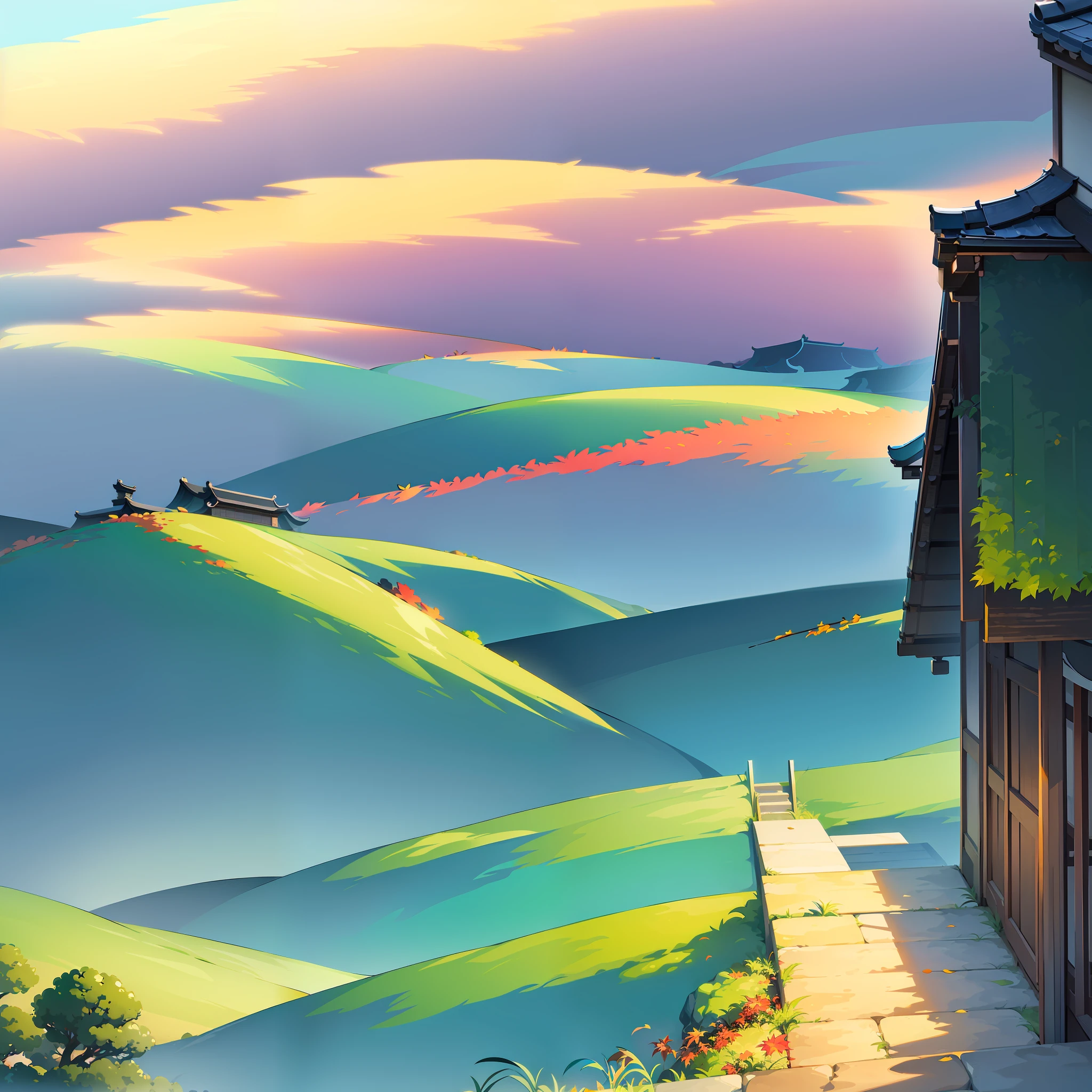(Chinese landscape), (Zen, Emisore style), (autumn, autumn leaves, falling leaves, sunset, architecture), light abstract cover art, abstract, simple vector art, contemporary Chinese art, color gradient, pastel color palette, layered forms, whimsical animation, style ethereal abstraction, 4K.