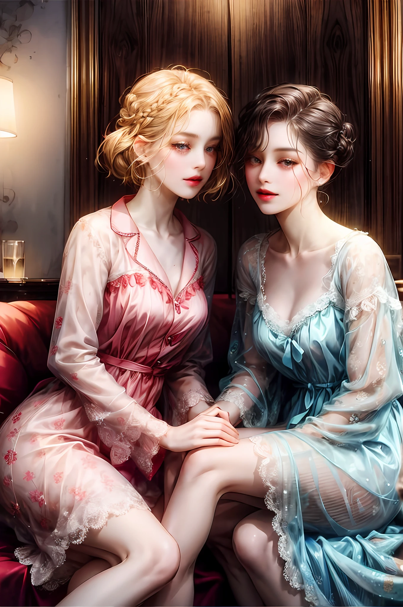 Two lesbian couples with pajama dresses the one on the right side wears the bun draws her hairstyle her bun both are looking at each other draws that