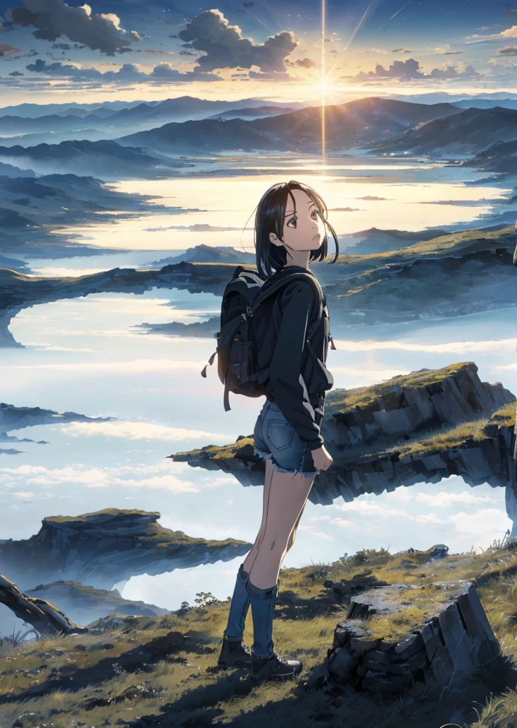 (Dramatic and dramatic picture, vast sky landscape) | (beautiful skyline + large grassland), (high hanging North Star, colorful natural light) |
(((girls), long-sleeved top + denim shorts, back backpack, stunning visuals)),),(dynamic pose:1.3,black eyes,black hime-cut hair,shiny girl)[:0.1],