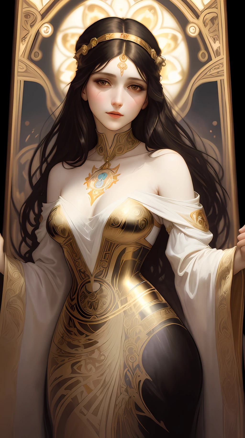 masterpiece, oil painting style, abstract, vibrant colors, bright eyes, pale skin, (((elegant woman upper body art))), gorgeous, black hair, detailed face, backlight effect, abstract Glass broked details, golden ratio, intricate, ((minimalist black background)), soft light, soft shadows, 12k resolution, best quality, high detailed, UHD, cinematic production, black background, painting by Alphonse Mucha