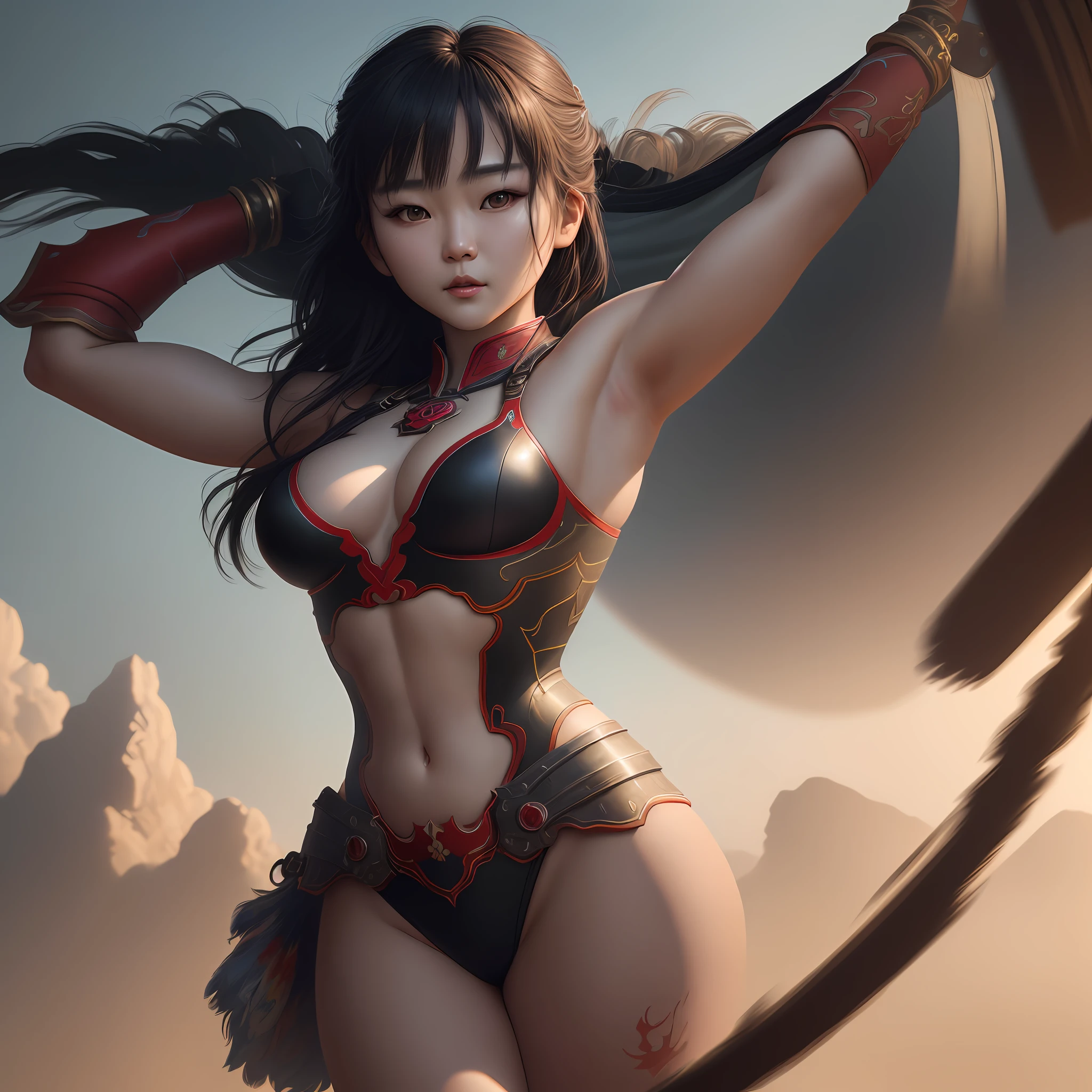 Highly detailed RAW color photo, Kim Se-jeong demon hunter, arms up, armpit, looking at camera, highly detailed art, cinematic, hyper-realistic painting, trend on Artstation, 8K, amazing shadows, realistic, (highly detailed background: 1.2), mid-journey art