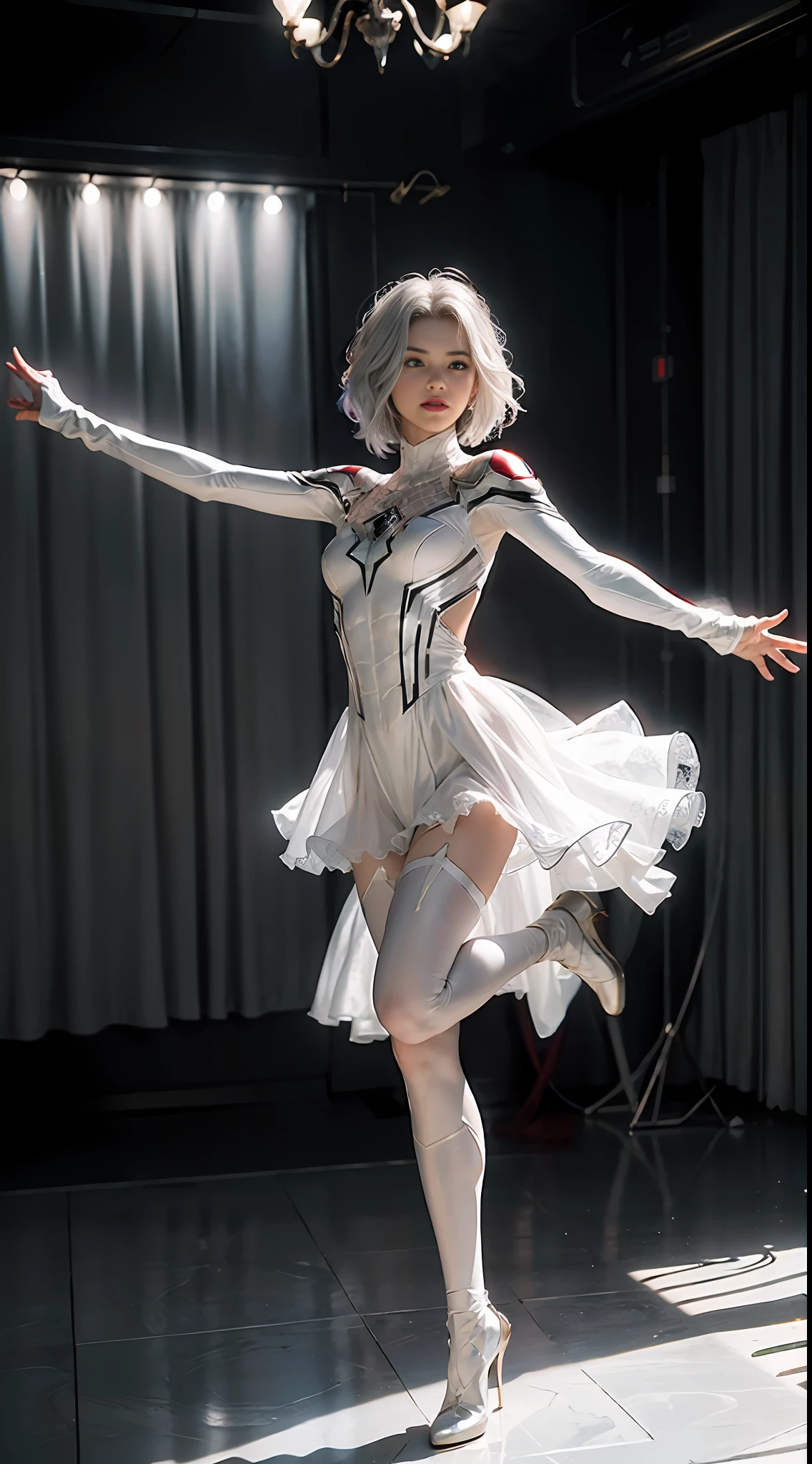 (Extreme Detail CG Unity 8K wallpaper, masterpiece, highest quality), (exquisite lighting and shadow, highly dramatic picture, cinematic lens effect), a girl in a white Spider-Man costume, silver gray hair color, from the Spider-Man parallel universe, Wenger, Marvel, Spider-Man, standing in an empty dance studio, dynamic pose), (excellent detail, outstanding lighting, wide angle), (excellent rendering is good enough to stand out in its class), with a focus on the white Spider-Man costume