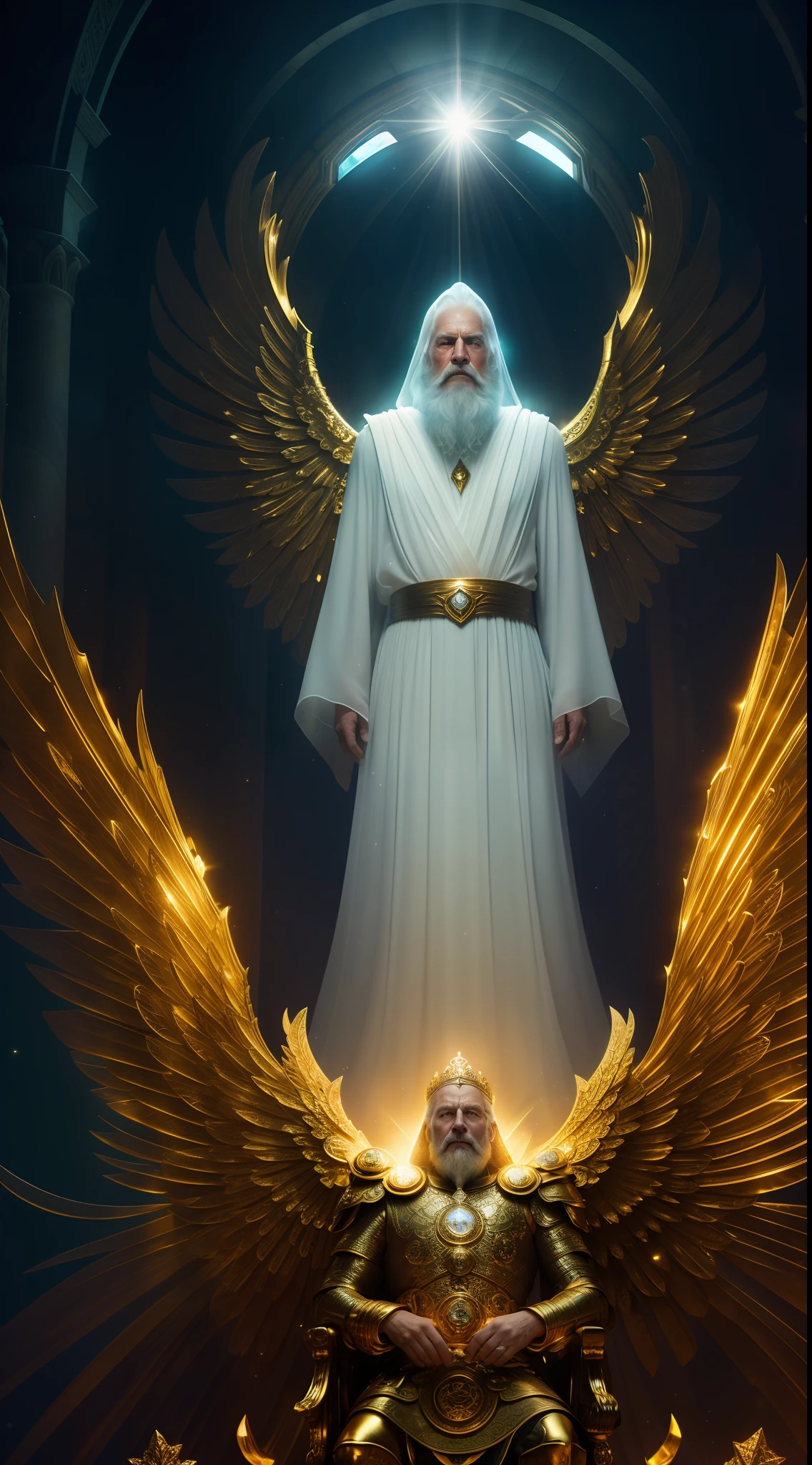 super high resolution, best quality, photo, 8k, (photorealistic: 1.2), cinematic lighting, An old man shaped like a fantz wlop, giant man with beard in bright white robes and floating on the crystal throne floating on crystal clouds, yellow eyes, bright yellow light emitted from the throne, precious stones floating in the sky, God, with beams of light enveloping his body,  with large translucent, feathered wings on the crystal throne, wings are open, golden light (halo:1.2) over your head, abdominal muscles dressed in medieval golden armor, beard, masculine, dark, masterpiece, best quality, intricate details, snow environment and crystals in the background, crystal cathedral, portal of the future, 3D light, HD, magic, god of light, backlighting,  detailed face, DREAD, depth of field, soft lighting, tone mapped, highly detailed, concept art, smooth, sharp focus, dramatic lighting, highly detailed art, cinematic, 8K, amazing shadows (highly detailed background: 1.2)