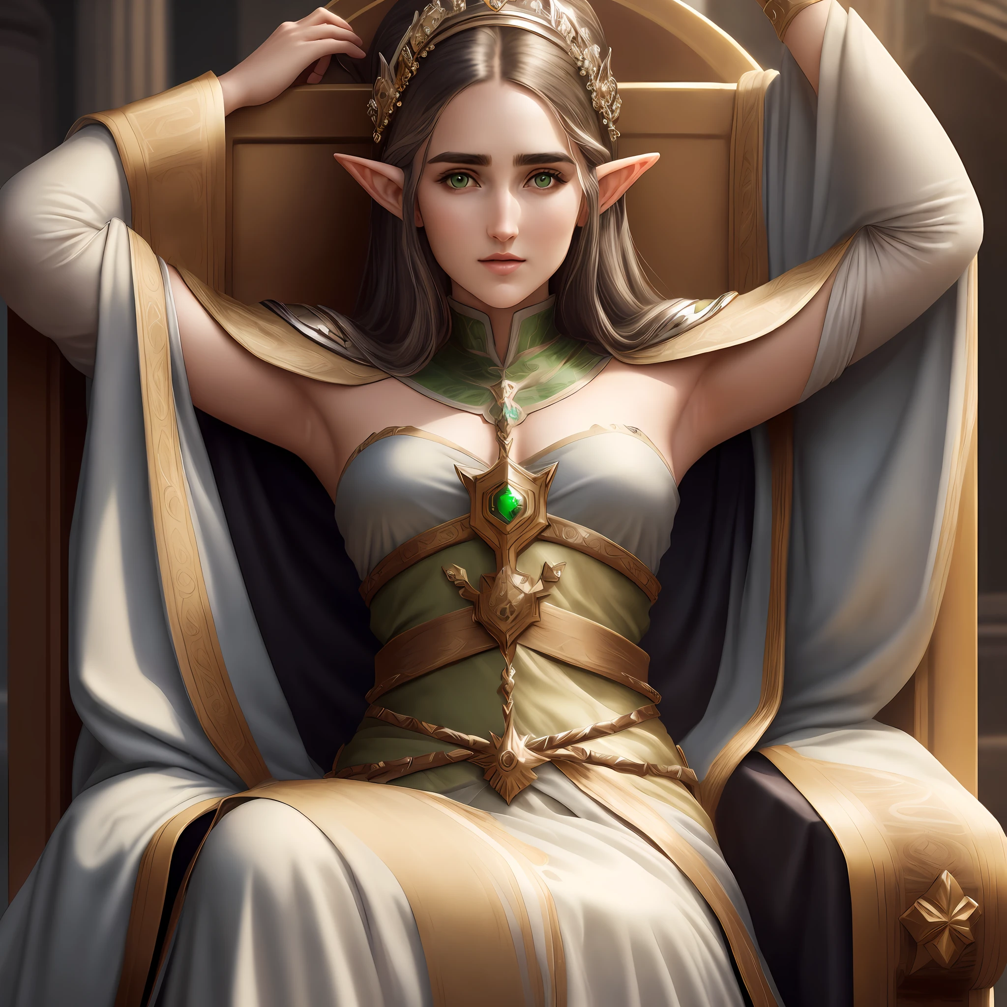 ((ultra detailed)), high quality, Queen Amberle sitting on her throne with her arms up, armpit showing, small breasts, elf, black hair, beautiful face, green eyes, thin, 30 years old