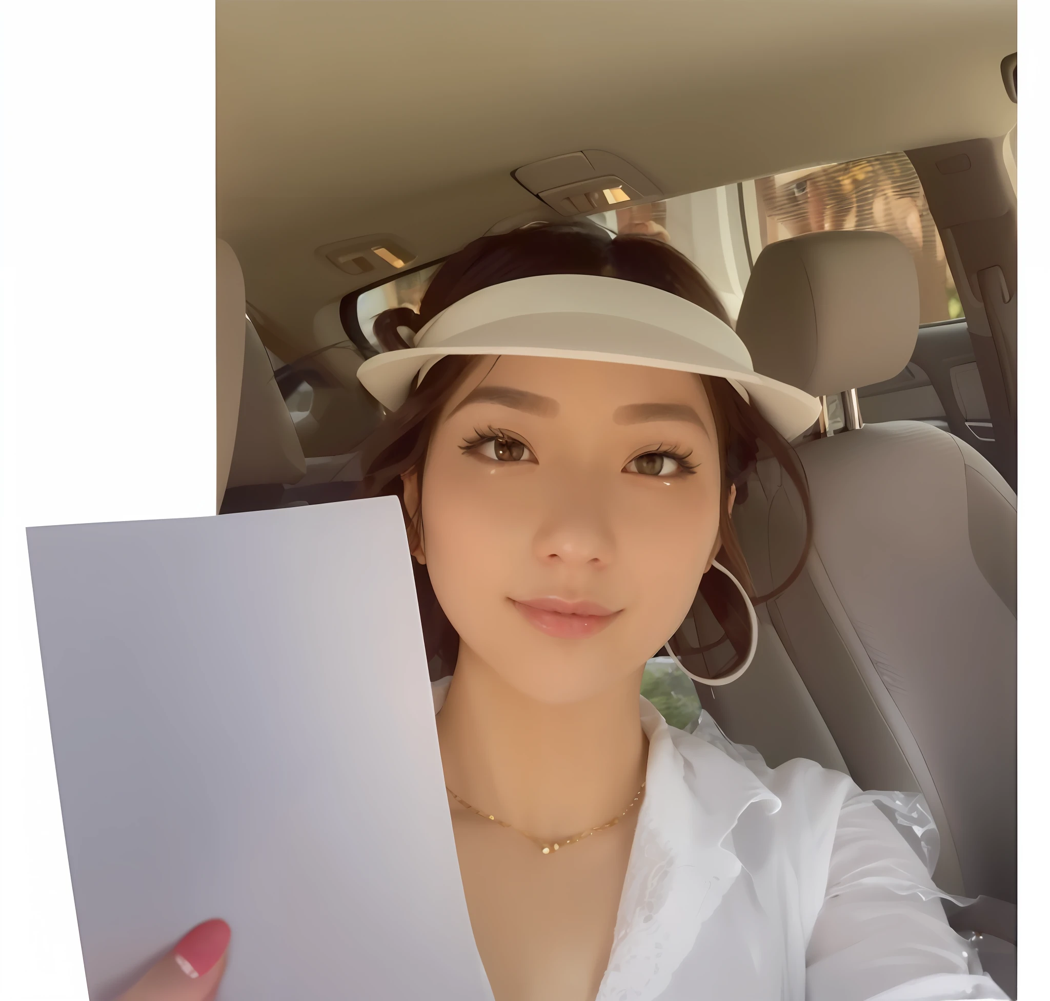 (Best quality, 8k, 32k, nsfw, Masterpiece, UHD:1.3),Photo of glamorous Japanese woman in car holding a  paper, realistic, araffed woman in white shirt posing for a selfie, posing in a car, 18 years old, good young girl, asian girl, beautiful asian girl, cutesmile, 2 2 years old, cutecore, thicc, Photo of glamorous Japanese woman , 1girl, (large breasts:1.2), perfect body, (transparent shirt:1.1), ultra-detailed face, detailed lips, detailed eyes, double eyelid, see-through top, Sharp focus :1.2, A pretty woman with perfect figure :1.4, Slender abs :1.2, ((Layered haircut, Big breasts :1.2)), (white see-through transparent top:1.1), (room lights:1.2), Highly detailed face and skin texture, Detailed eyes, Double eyelid, see though(naked), same style as before, thick lips, she has a cute face, sultry expression make it look like the girls is holding the paper for a selfie, make the fingers holding the paper believable,
