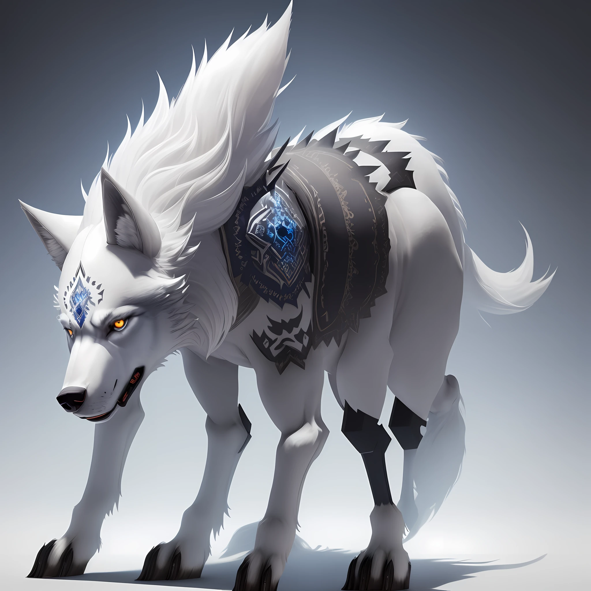 a full-body standing wolf (single background:1,2), neotraditional, steel-toothed, hyperrealistic, white hair with blue details in the eye hair, (empty background1.4)