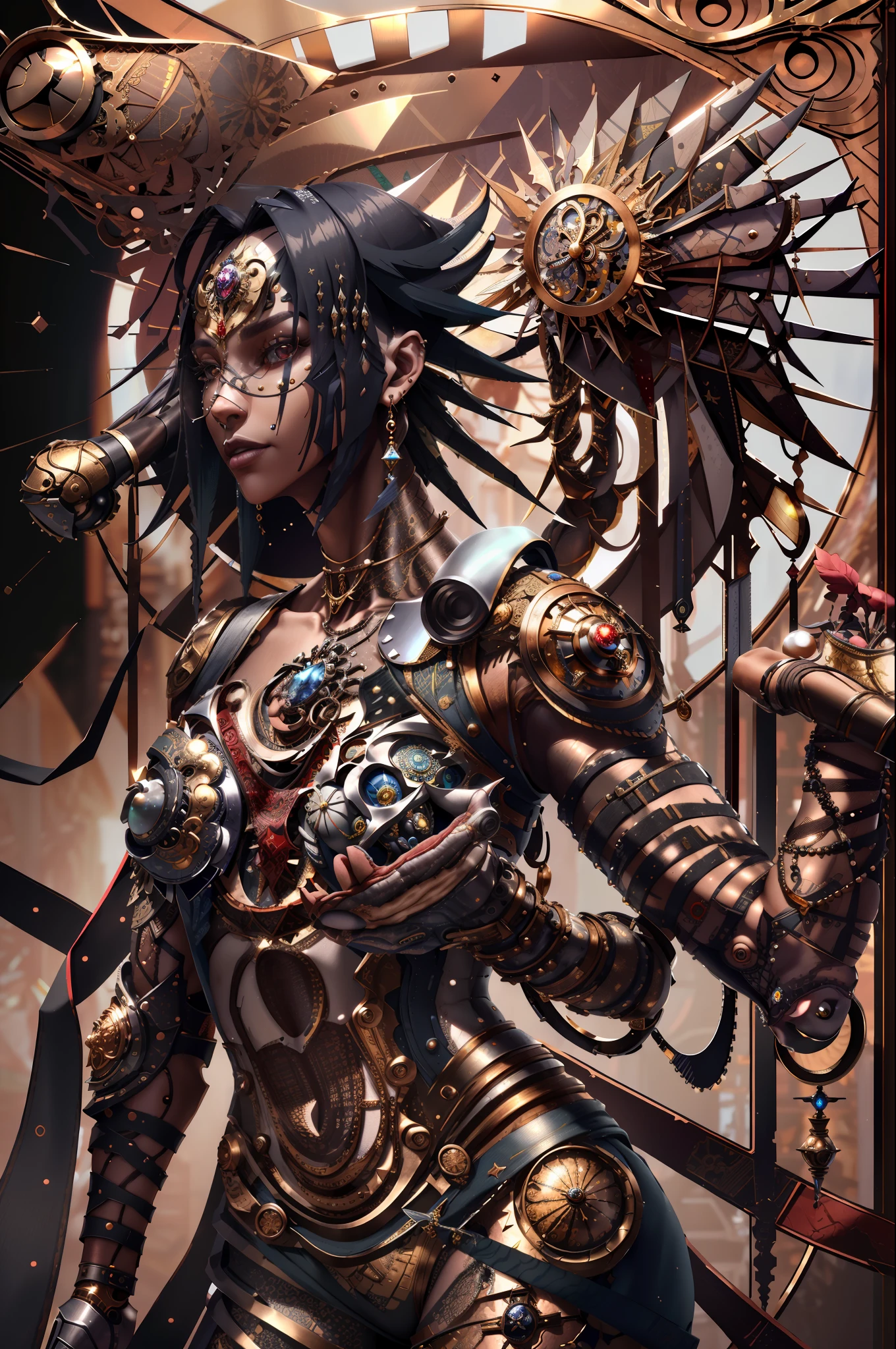 masterpiece, high quality, 3d, 8k cg, intricate details, detailed background, sacred. ornaments, byDylanKowalski,
((1boy)), upper body, muscular, skindentation, looking to the side, short hair, prosthesis, mechanical arms, synthetic skin,
porcelain, pearl, holographic, titanium, diamond, ruby, sapphire, gemstones, clockwork, grunge, worn edges, armor, face and dark skin typical brazilian girl,