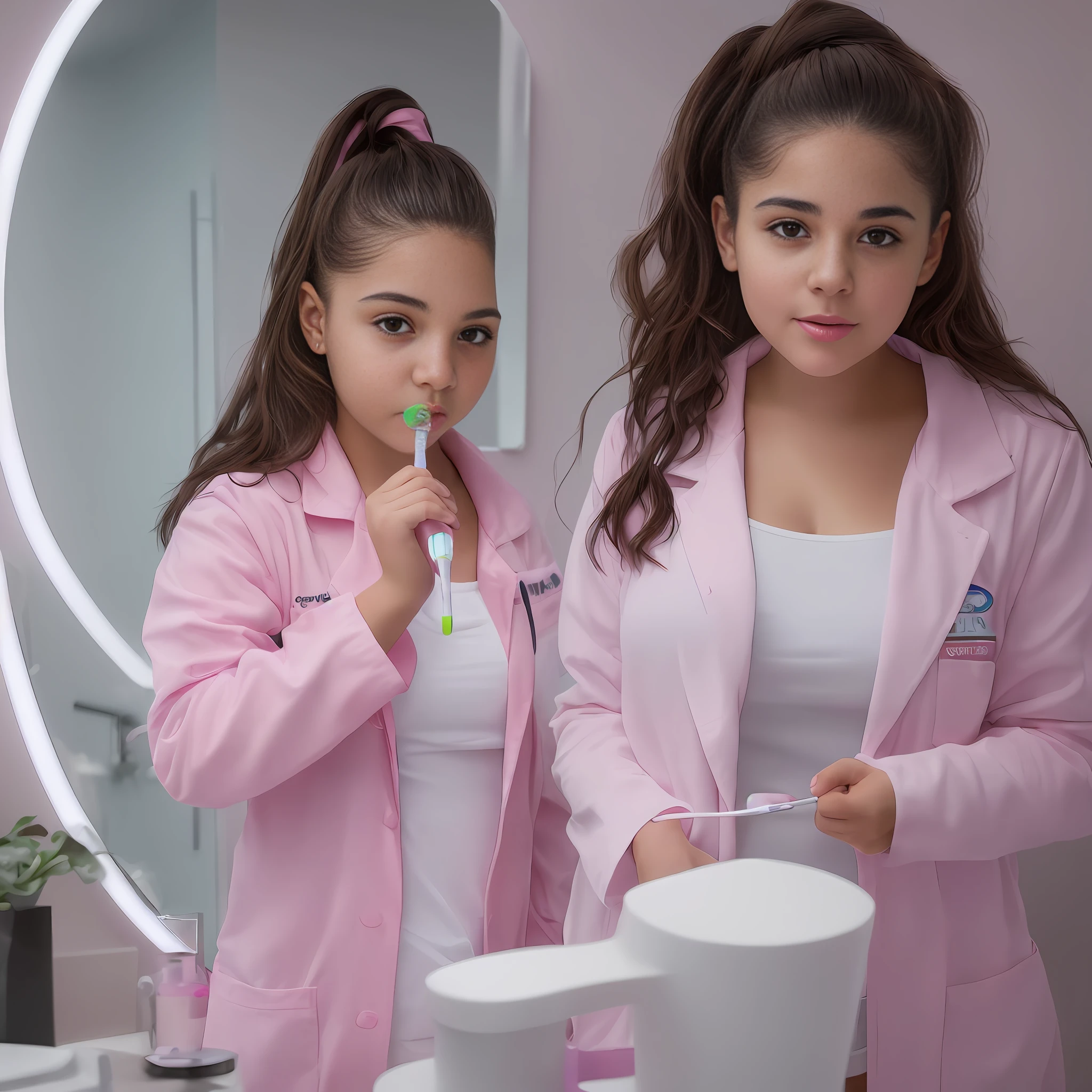 Young Latina ((ultra realistic:1.2)), brushing her teeth in a pink lab coat, in the brightly lit bathroom in front of the mirror, (clouse-up)