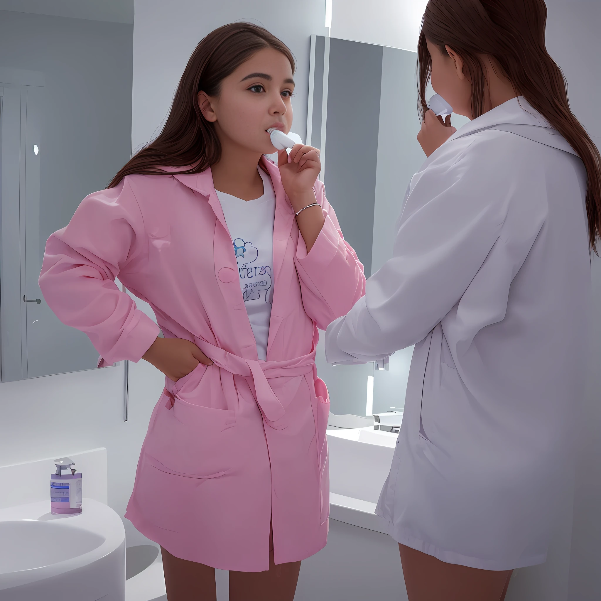 Young Latina ((ultra realistic:1.2)), brushing her teeth in a pink lab coat, in the brightly lit bathroom in front of the mirror, (clouse-up)
