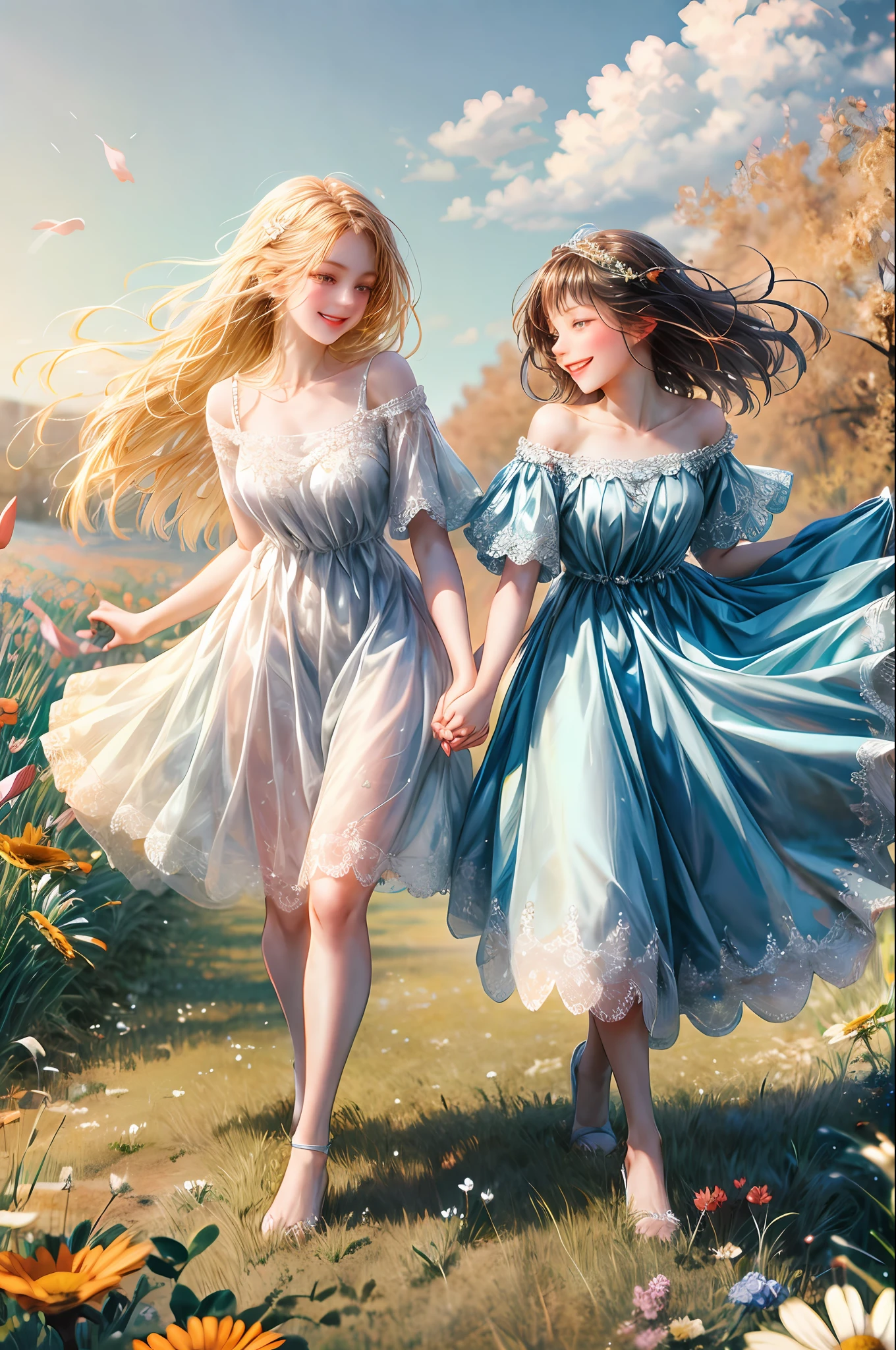 Two girls running hand in hand in a field full of flowers in cute and simple dresses and a beautiful blue sky both smiling