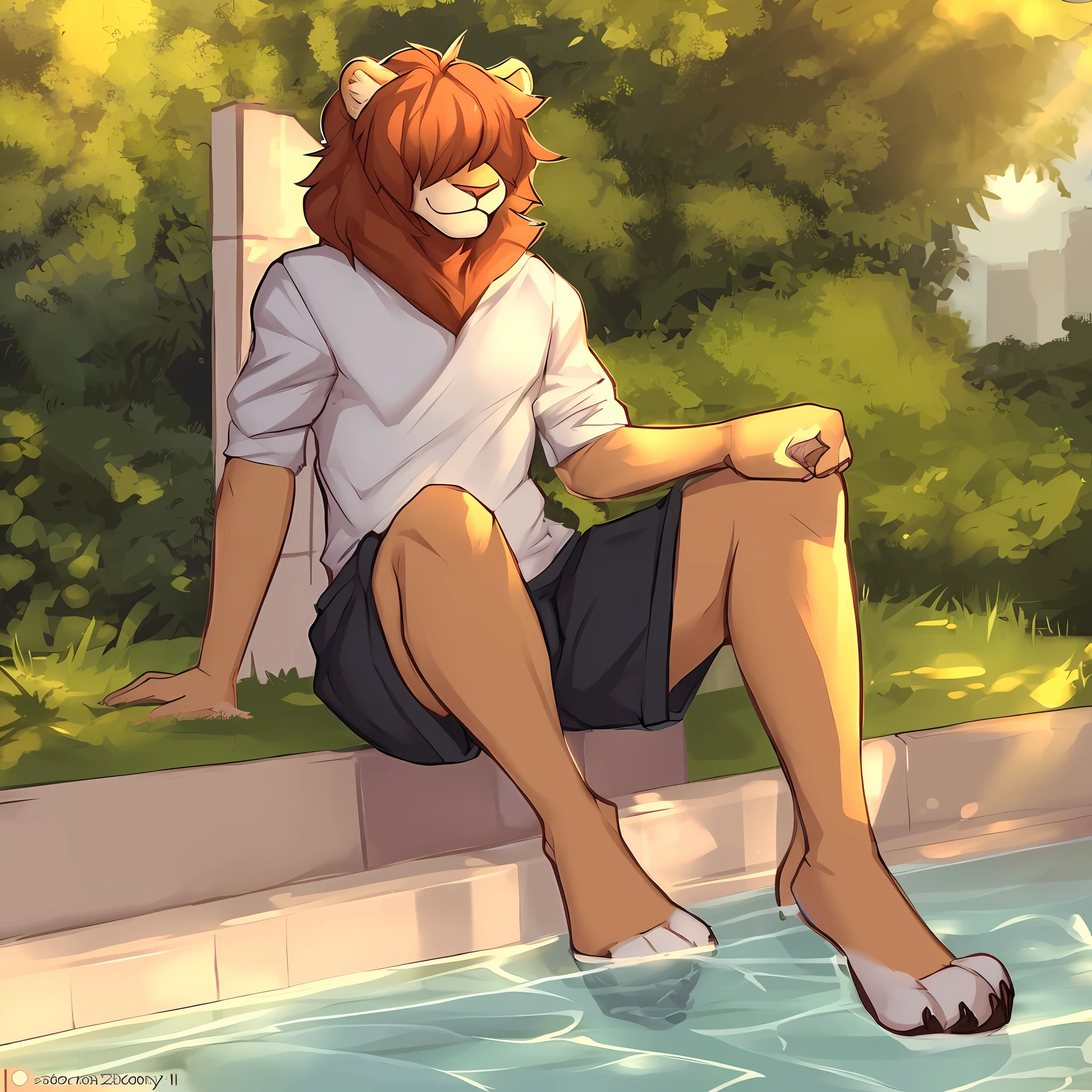 thin male solo cartoon lion by zackary911 hair over eyes wearing clothes in public park water feature sunlit people in background Paws instead of hands and feet paws visible