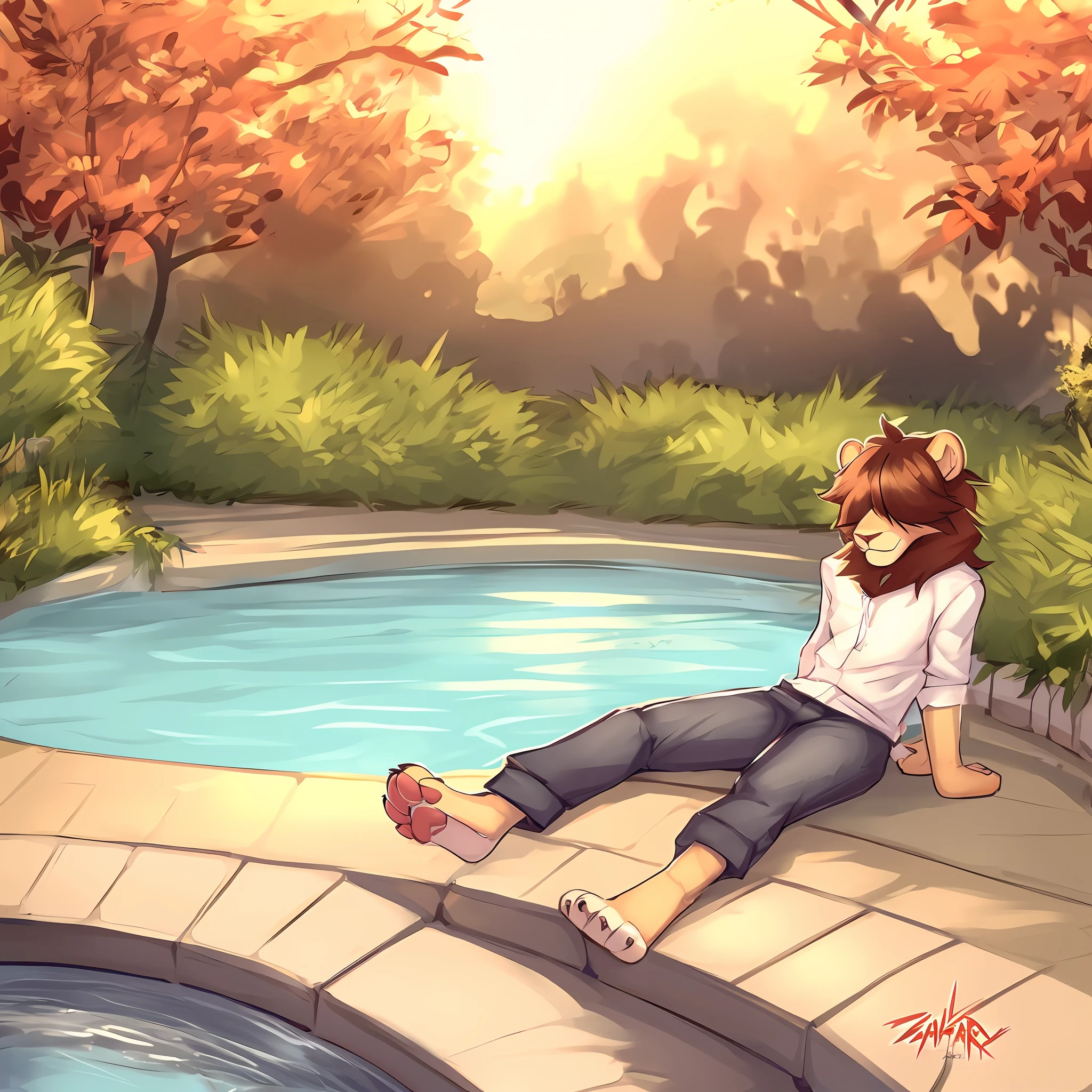 thin male solo cartoon lion by zackary911 hair over eyes wearing clothes in public park water feature sunlit people in background Paws instead of hands and feet paws visible