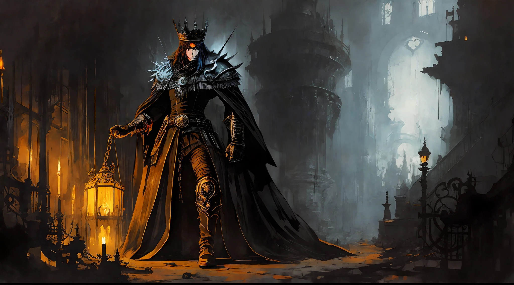 Ultra detailed illustration of a dark being in the depths of a castle's prison, with a black cloak, skull face, wearing a broken rusty crown, and chains on his arms, upper body, Perfection, Cartoonish vector, complementary colors black and orange and gold and blue and white, ((Jeremy mann mixed with Giovanni Boldini)), soft lighting, dimly lit environment, morbid environment.