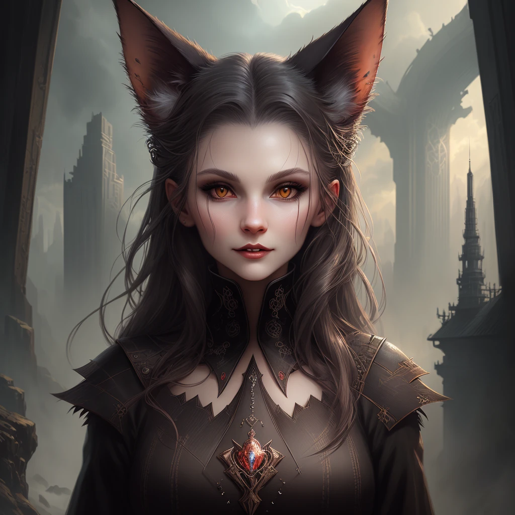 Closeup portrait of a vampire cat in a scenic dystopian environment, intricate, elegant, highly detailed, centered, digital painting, concept art, smooth, sharp focus, illustration