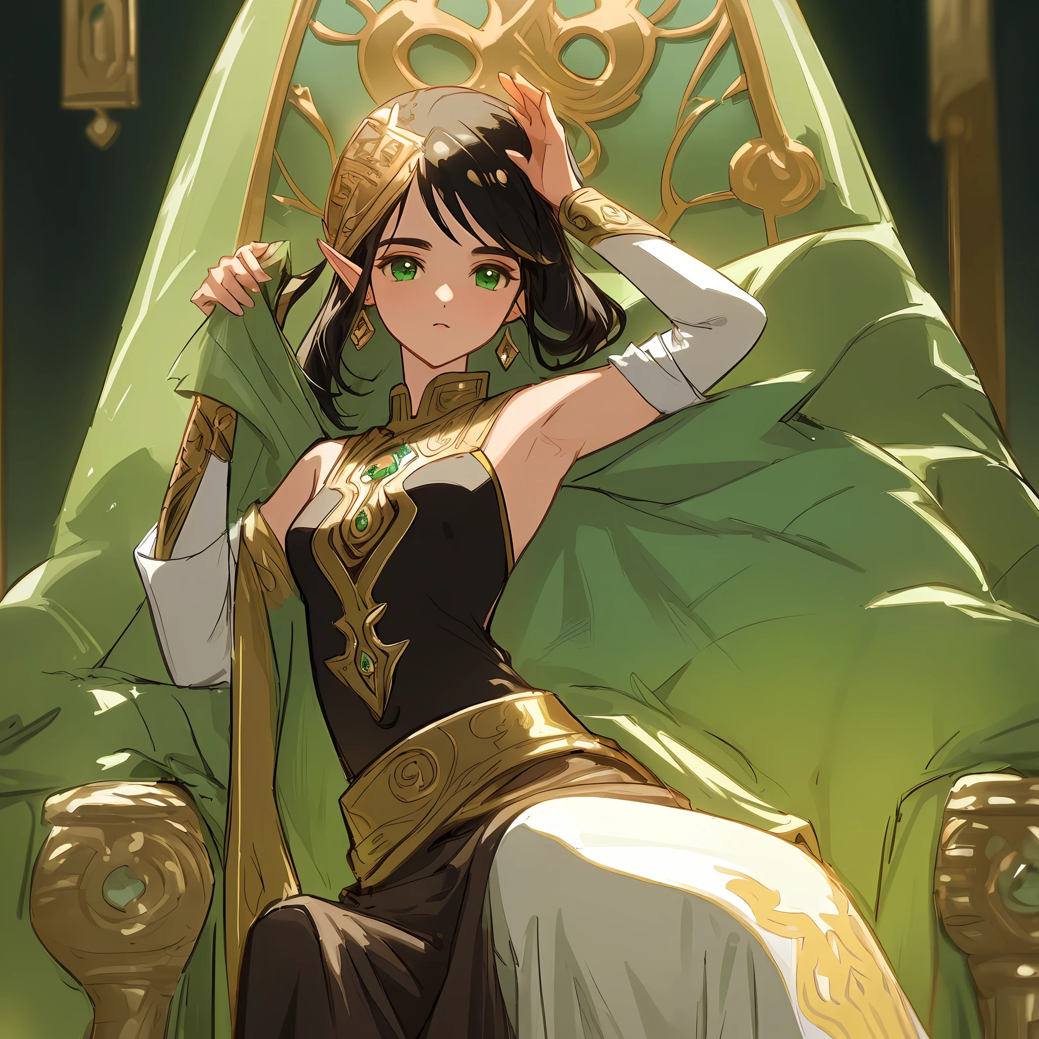 "((ultra detailed)), impeccable quality, Queen Amberle (shannara) sitting on her throne with her arms raised, displaying her armpits and small breasts. Elf with black hair, beautiful face and green eyes, thin and 30 years old." anime style