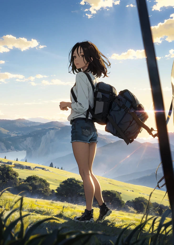 (beautiful and magnificent skyline, majestic sky), (extremely tense and dramatic pictures, moving visual effects), (high hanging Polaris, colorful natural light), (1girl), (long-sleeved top, denim shorts, carrying a backpack), (dynamic pose:1.3, black eyes, black hime-cut hair, sparkling girl)[:0.8], (large grassland), (oncoming breeze), (brown hair and background Coordination effect: 1.2), (close shot, long shot mix and match)[::0.9]