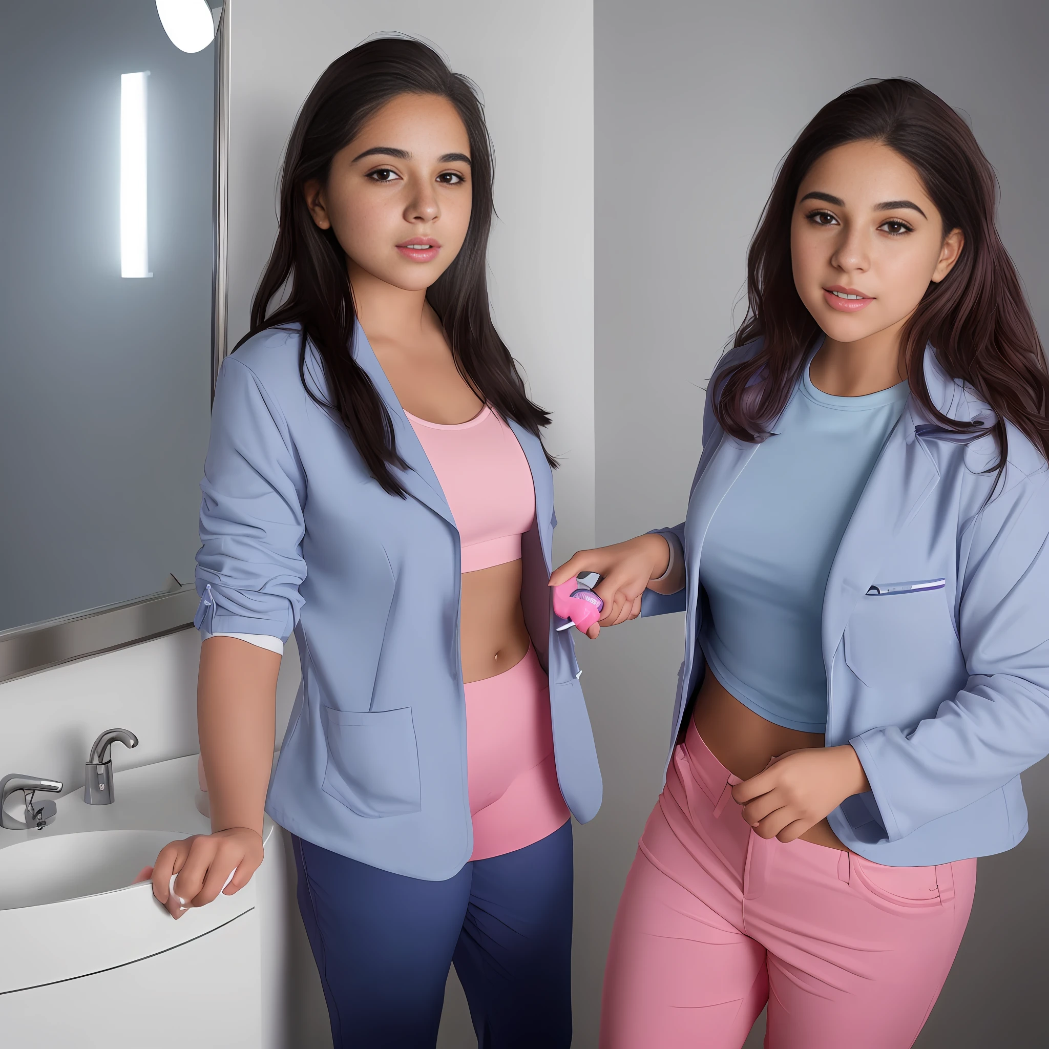 Young Latina ((ultra realistic:1.2)), brushing her teeth in a navy blue lab coat and pink pants, in the brightly lit bathroom in front of the mirror, (clouse-up), I'm close