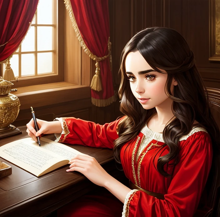 Lily Collins with long wavy black hair, wearing a light red commoner dress from medieval times, writing on a parchment on a table with inkwell and feather. A detailed, smooth, realistic digital art painting by Greg Hildebrandt, Citemer Liu, Stjepan Sejic, Samyang, Aykut Aydogdu, Justin Gerard, Alphonse Mucha, Artgerm, WLOP and Greg Rutkowski