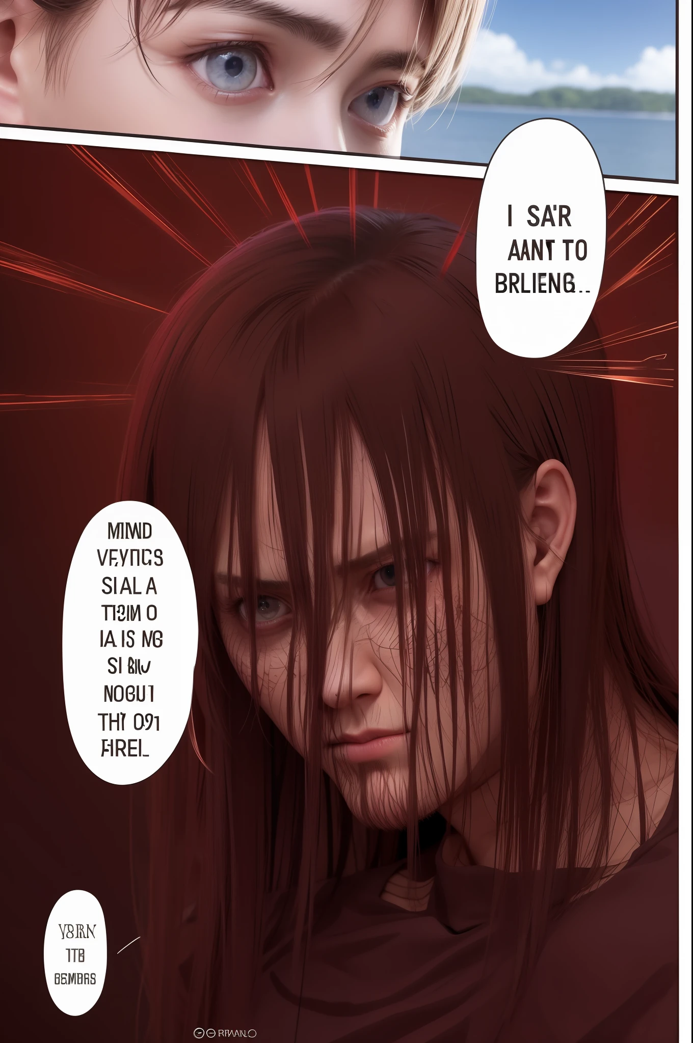 shingeki no kyojin, Eren Jaeger, best quality, masterpiece, (realistic: 1.2), 1 man, real life, live action, high definition, high quality, detailed hair, perfect hair, long hair, closed eyes, red background