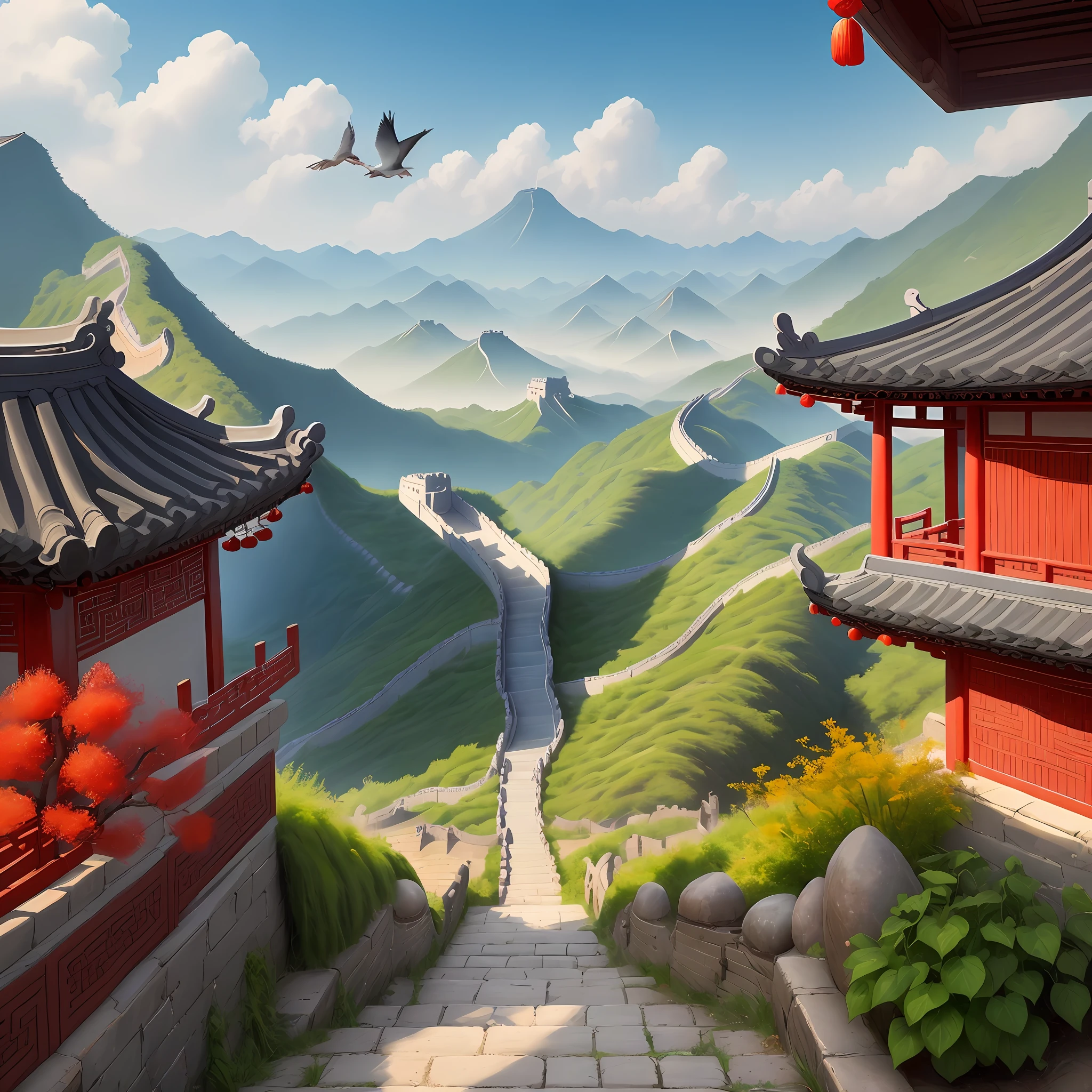 There are no characters in the picture, the best quality, masterpieces, five thousand years of China, Chinese charm, ancient Great Wall, landscapes, flowers and birds.