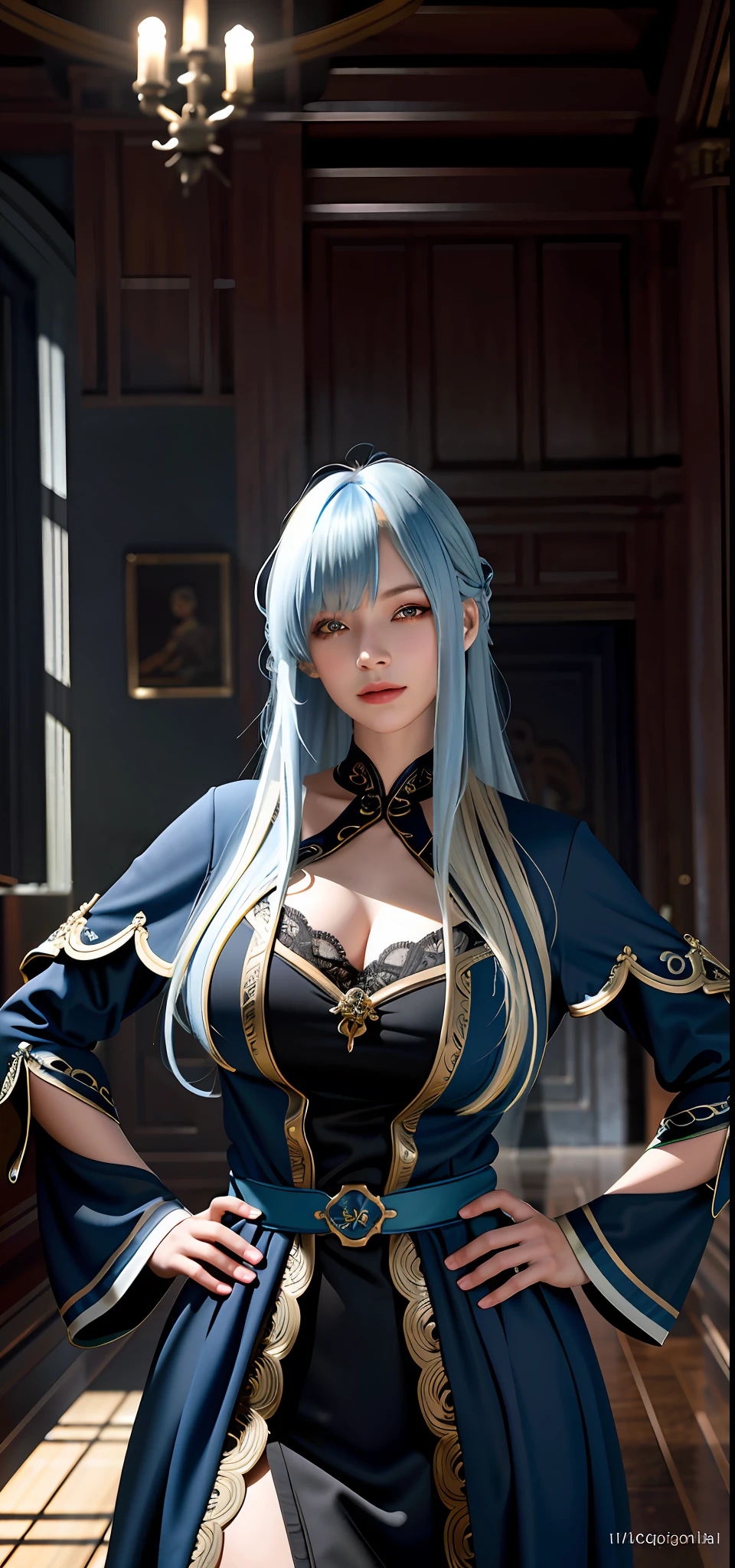 (photorealistic:1.2), (masterpiece:1.2),(best quality:1.2),(shiny skin),
(ultra-detailed:1.2), (high resolution:1.2),(cinematic lighting:1.1), (extremely detailed and beautiful:1.1),
1 girl, solo, straight-on,pov,
(standing:1.4),(Facing Viewer:1.2),(upper body:1.3),(huge breasts),perfect eyes, seductive eyes,smile,
(hands on hips:1.4),
(portrait of witch lady), red eyes,glowing eyes, eye focus,medium hair,blonde and blue hair, (hair over one eye,bangs:1.3),streaked hair,wavy hair,
ornate robe, dark medieval room indoors,fantasy,
PerfectNwsjMajic,