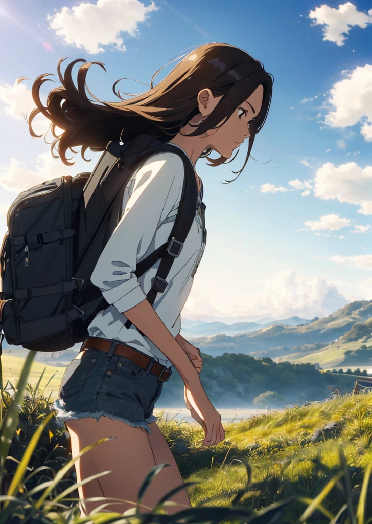 (beautiful and magnificent skyline, majestic sky), (extremely tense and dramatic pictures, moving visual effects), (high hanging Polaris, colorful natural light), (1girl), (long-sleeved top, denim shorts, carrying a backpack), (dynamic pose:1.3, black eyes, black hime-cut hair, sparkling girl)[:0.8], (large grassland), (oncoming breeze), (brown hair and background Coordination effect: 1.2), (close shot, long shot mix and match)[::0.9]