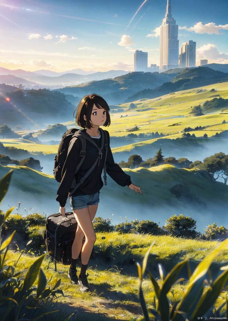 (beautiful and magnificent skyline, majestic sky), (extremely tense and dramatic pictures, moving visual effects), (high hanging Polaris, colorful natural light), (1girl), (long-sleeved top, denim shorts, carrying a backpack), (dynamic pose:1.3, black eyes, black hime-cut hair, sparkling girl)[:0.8], (large grassland), (oncoming breeze), (brown hair and background Coordination effect: 1.2), (close shot, long shot mix and match)[::0.9]
