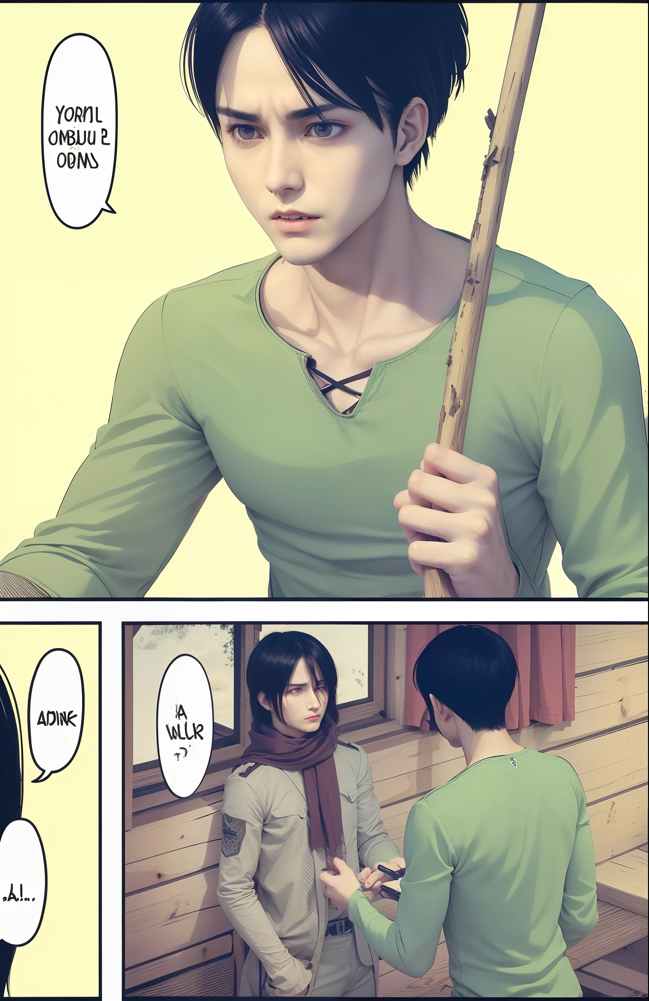 shingeki no kyojin, Eren Jaeger, mejor calidad, obra maestra, (realista: 1.2), 1 hombre, vida real, acción en vivo, high definition, high quality, detailed hair, perfect hair, cabin background, in the mountains, in a cabin