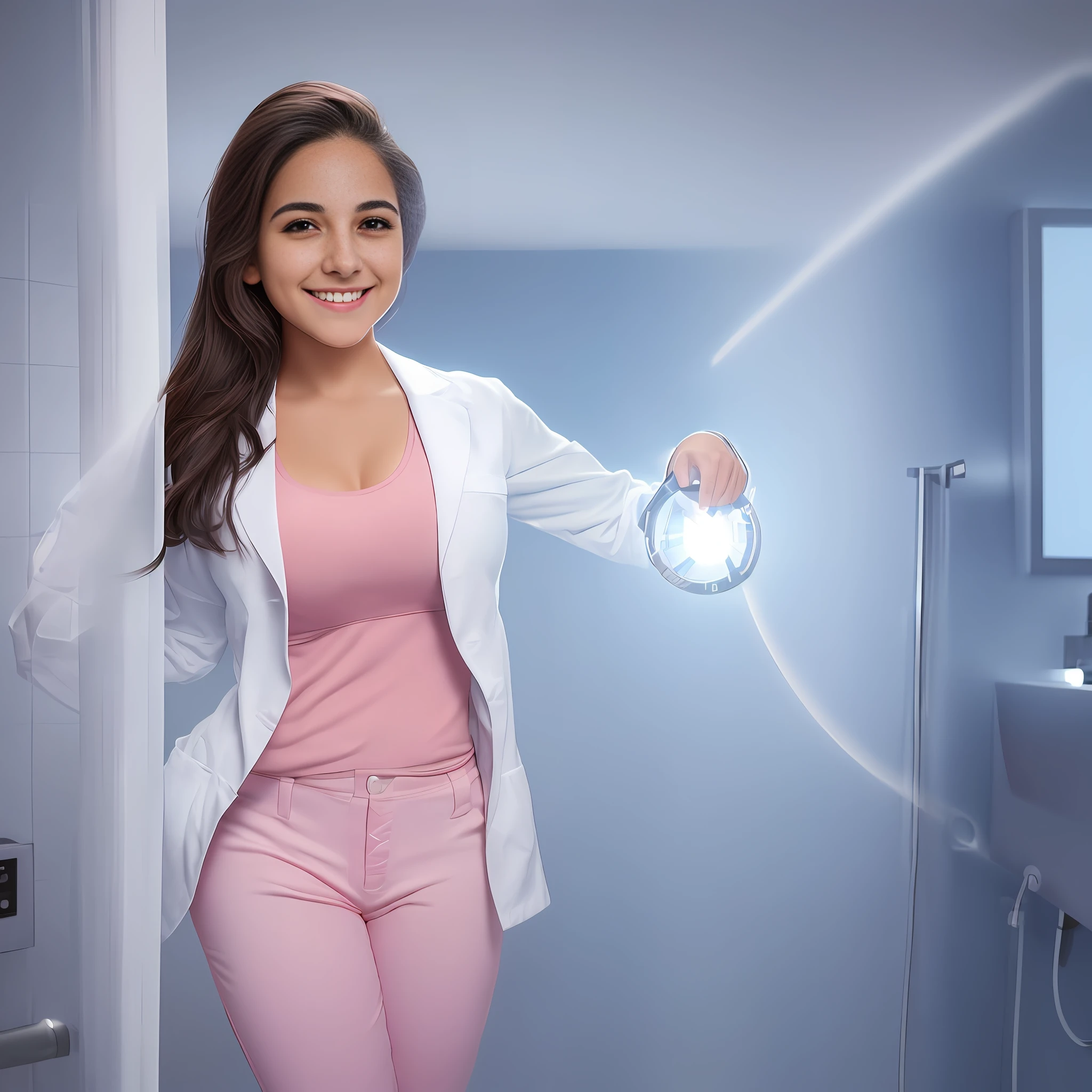 Young Latina ((ultra realistic:1.2)), smiling a lot in navy blue lab coat and light pink pants, in the bathroom extremely bright, (clouse-up), face close, dslr, 100 mm