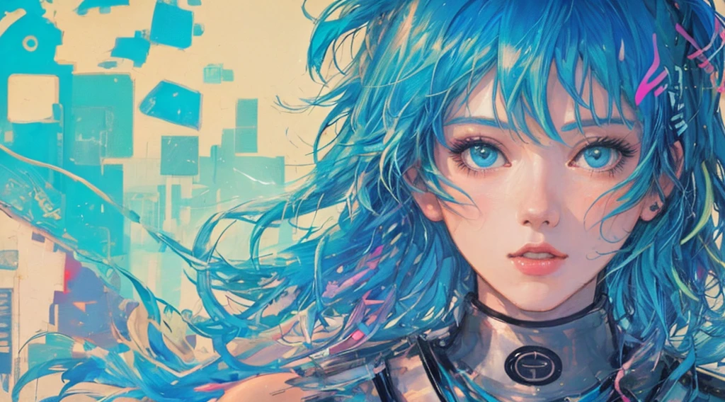 Neon colors, 1girl, face close up, short blue hair, abstract, realistic, (high quality), girl on the left, (vaporwave)