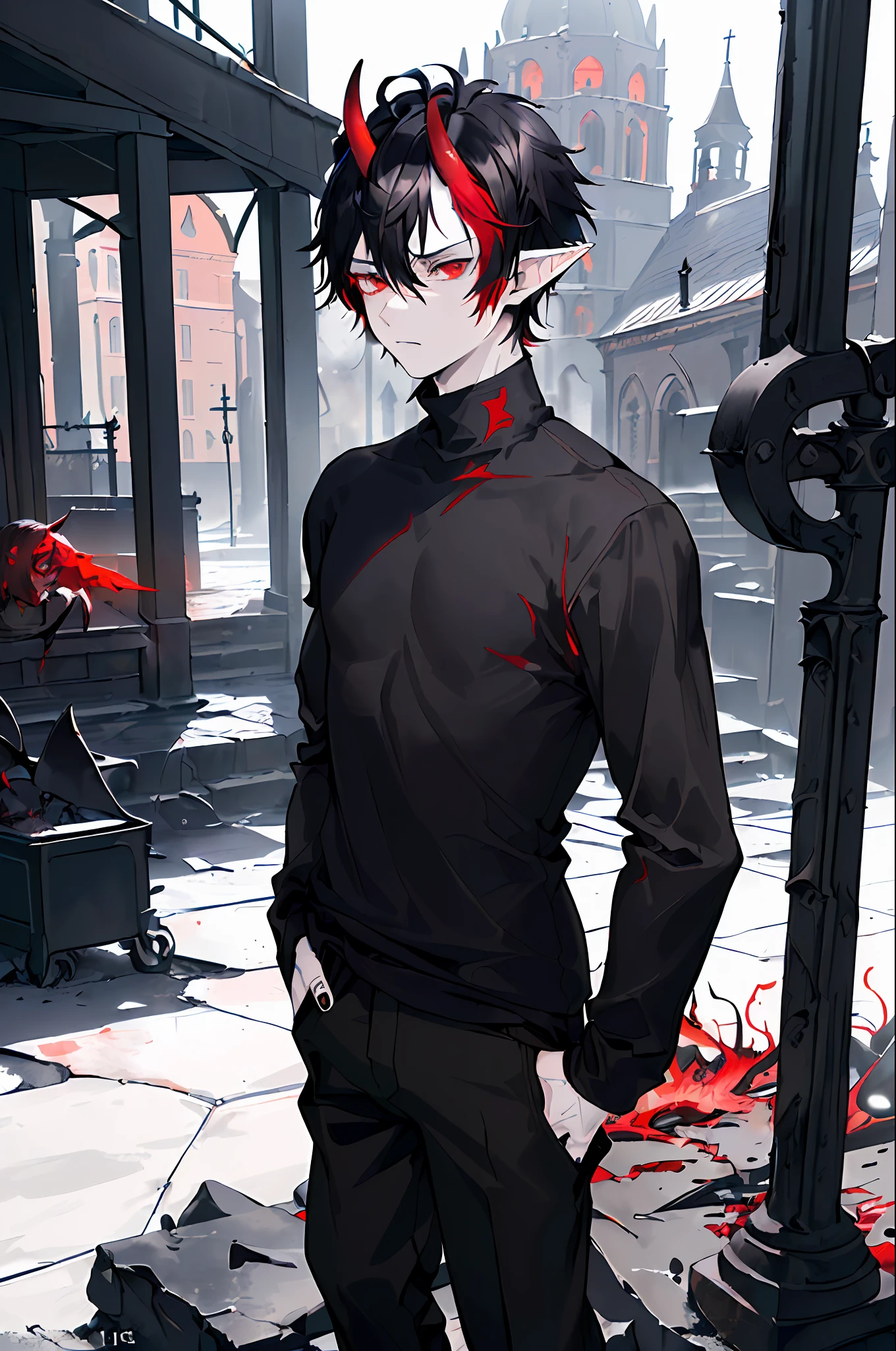 ((((dramatic))), (((gritty))), (((intense))).  color palette is very intense. ((1 boy)), colorful, fantasy church background, pale skin, detailed eyes, detailed face, ((black hair, messy hair, short hair)) ((red eyes)), (((night time))) ((tired expression)), ((oni demon horns black to red)), elf ears, turtleneck pullover, ((dark eyebags)), ((mature, young adult, masculine, tall, sharp features))) (((modern outfit, classy, very baggy clothing, black clothing, baggy pants))