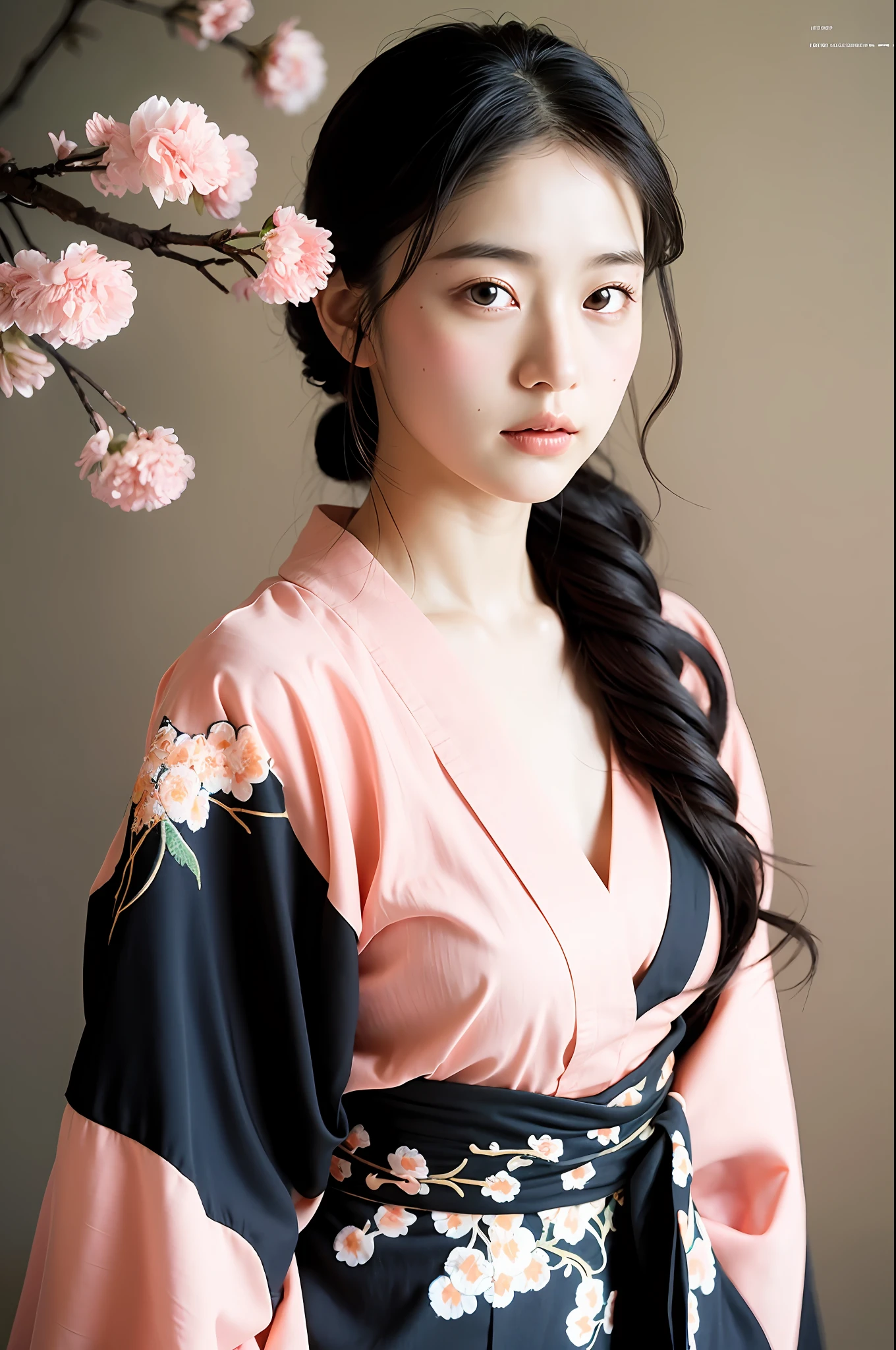 best quality ,masterpiece, illustration, an extremely delicate and beautiful, extremely detailed ,CG ,unity ,8k wallpaper, Amazi,An 18-year-old girl, looking sideways at the camera, has a very detailed face, delicate skin, quiet and composed, black hair, black eyes, and peach blossoms on her hair. She is wearing a charming kimono with various auspicious patterns embroidered on it, with peach blossoms in the background,