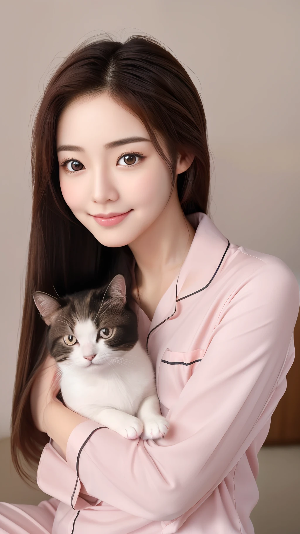 Lifelike photos of (No. 1 cute Korean actress) tied hair, smooth face, light makeup, medium breasts. Wearing pyjamas, Little Smile, hug a mini cat doll, Canon EOS 35mm Lens 8K high-resolution face, crisp and realistic details Close up