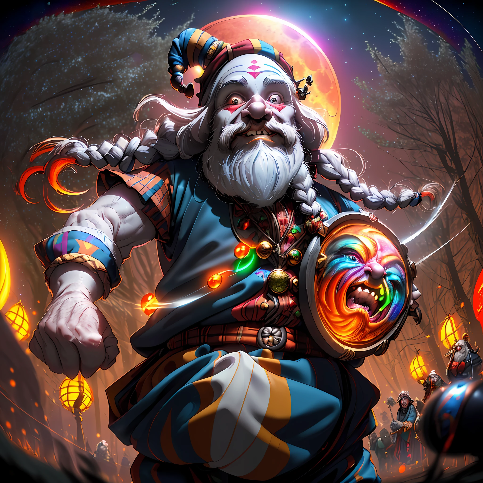 (((A dwarf man with a very long white braided beard centered in the foreground performing a kubrick stare))), (((Naked chest))), (((colorful jester pants))), (((colorful jester hat))), dark fantasy, dark atmosphere, forest, ((night)), moon, glowing butterflies, volumetric lighting, best quality, masterpiece, intricate details, tonemapping, sharp focus, very detailed, trending on Artstation, realistic, trending in artstation 4k, 8k, cinematic lighting, (((Full blood moon vibrantly lighting the scene))), (((fish eye lens))), ((colorful)), (sadistic expression:joy)=1.2