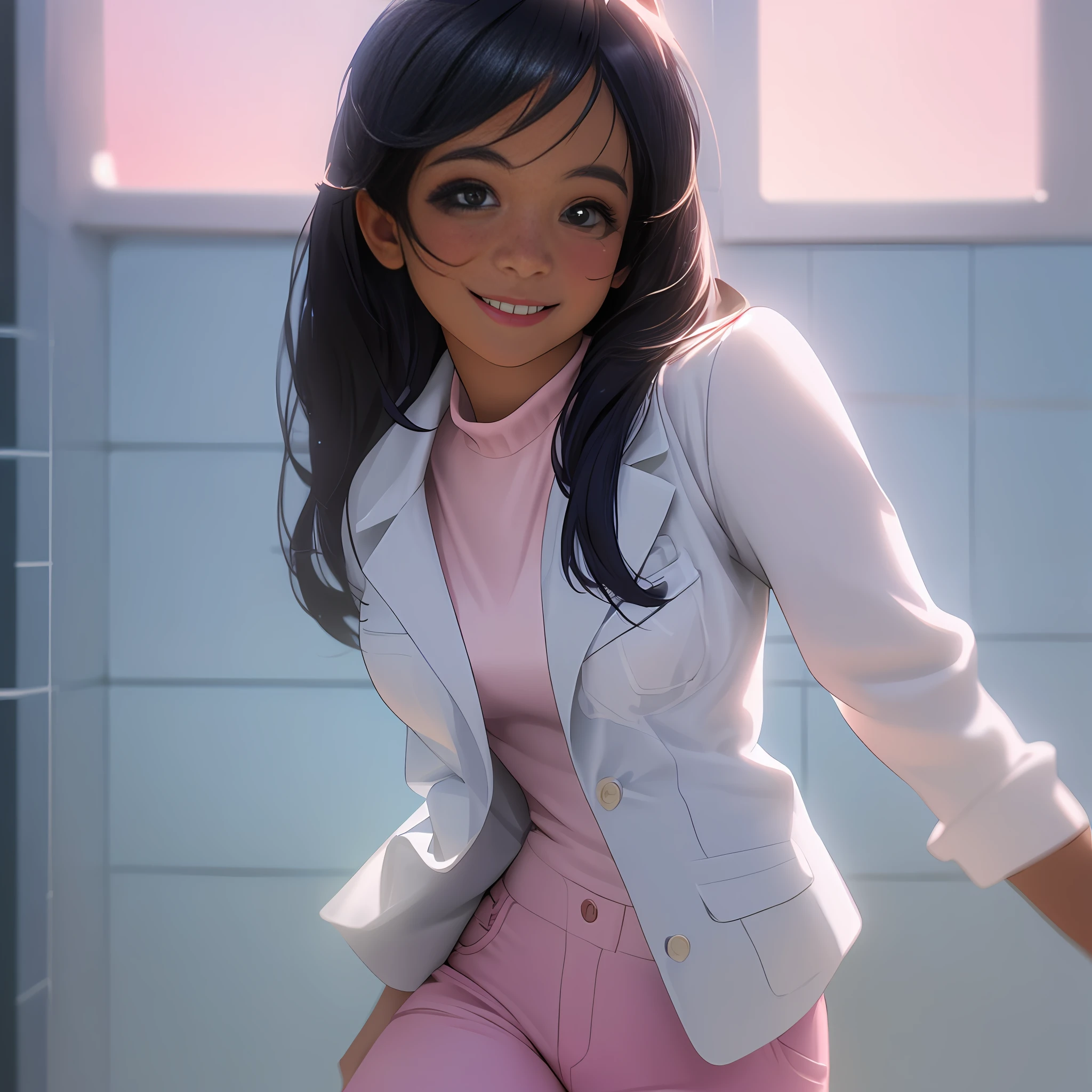 Young Latina ((ultra realistic:1.2)), smiling a lot in navy blue lab coat and light pink pants, in the bathroom extremely bright, (clouse-up), face close, dslr, 100 mm
