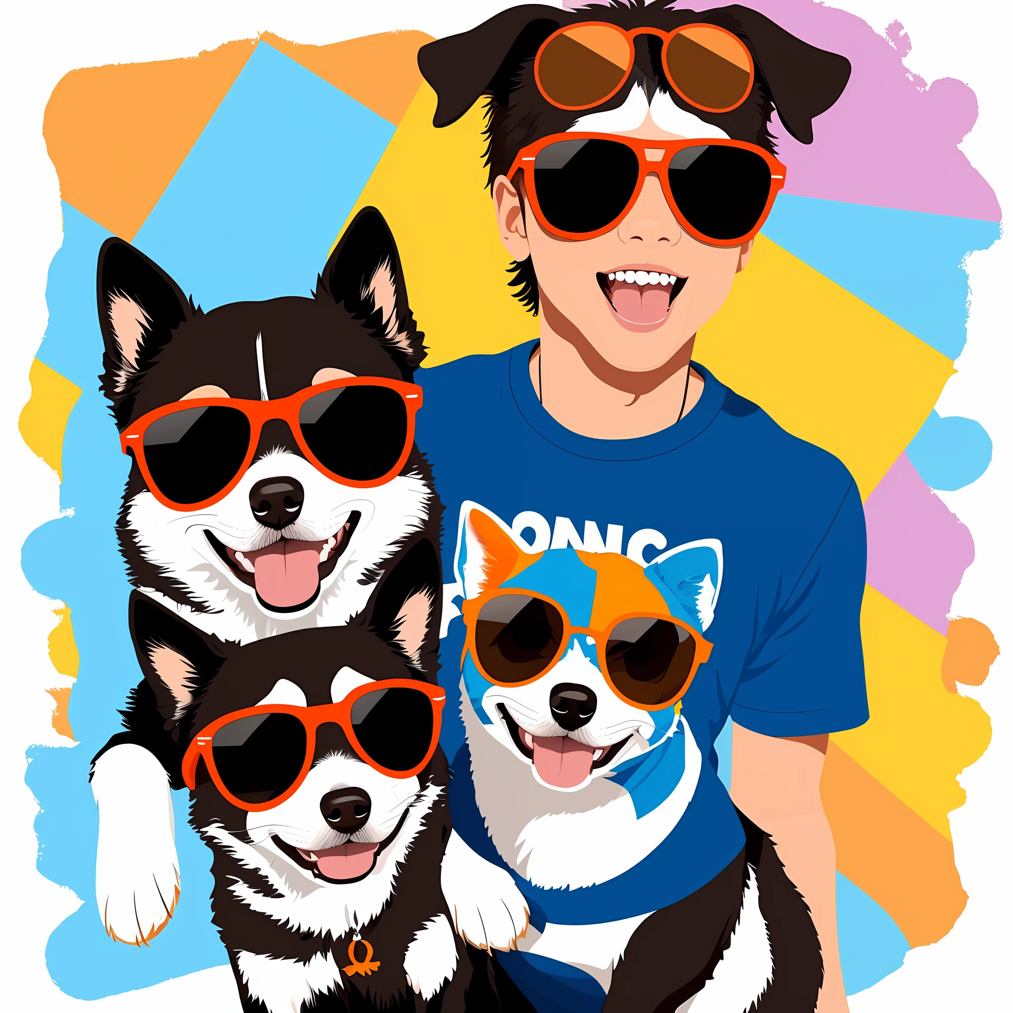Graphic tshirt vector of a cute happy dog, wearing sunglasses, detail design, colorful, contour, white background, no NSFW.