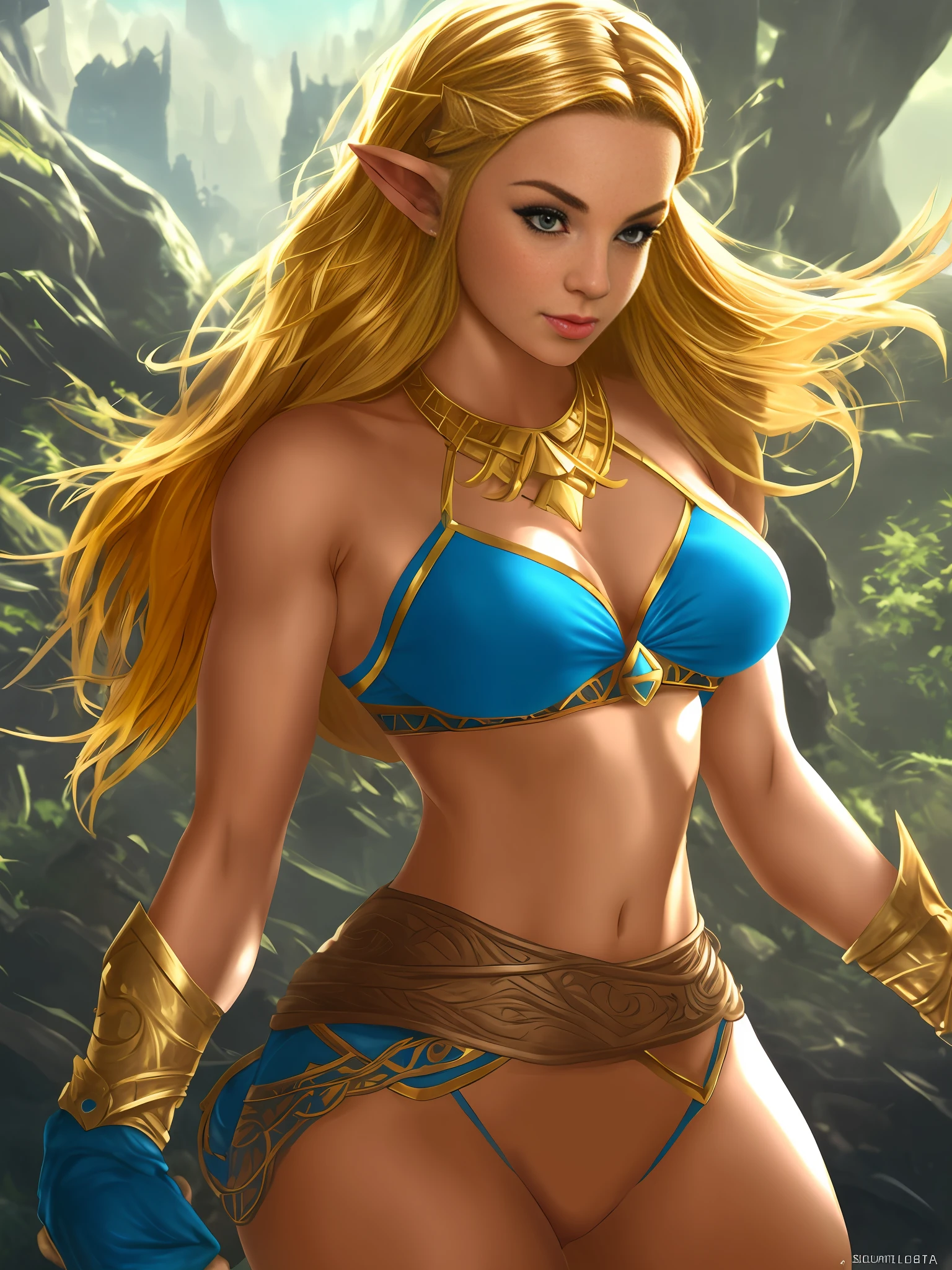 close up of a woman in a blue bikini and gold armor, concept art by Jason Felix, Artstation contest winner, furry art, from legend of zelda, ornate cosplay, zelda, princess zelda, portrait of zelda, better known as amouranth, full-cosplay, a sexy blonde warrior, zelda with triforce,muscle,a woman in a blue bikini posing for a picture, muscular warrior women, half orc half elf woman, muscular female druid, female elf, princess zelda, she - ra, she-ra, elf warrior, muscular girl, half elf woman, muscular, a sexy blonde warrior, bodybuilder superhero bikini, strong and muscular, a blonde emerald warrior,elf princess