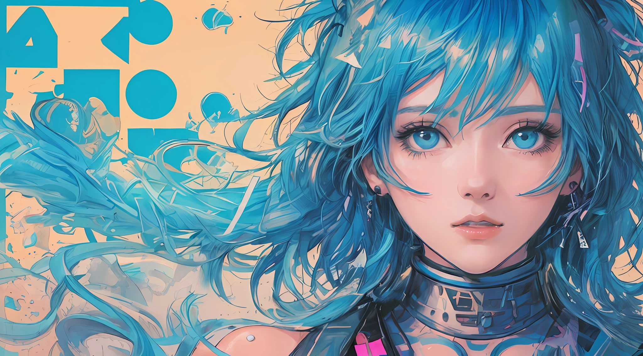 Neon colors, 1girl, face close up, short blue hair, abstract, realistic, (high quality), girl on the left, (vaporwave)