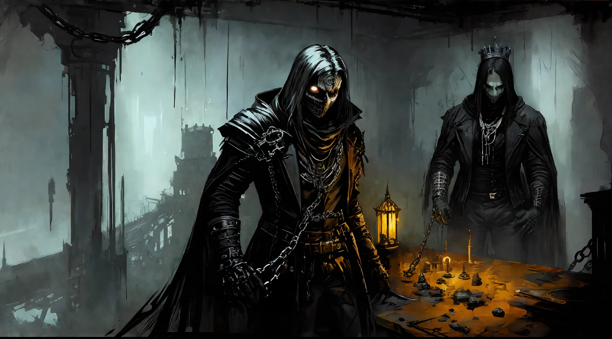 Ultra detailed illustration of a dark being in the depths of a castle prison, with a black cloak, skull face, wearing a broken rusty crown, and chains on his arms, (upper body), prison with chains on the walls, (inspired by the game darker dungeon and elden ring), Perfection, Cartoonish vector, complementary colors black and orange and gold and blue and white, ((Jeremy mann mixed with Giovanni Boldini)), soft lighting, stunning ambience