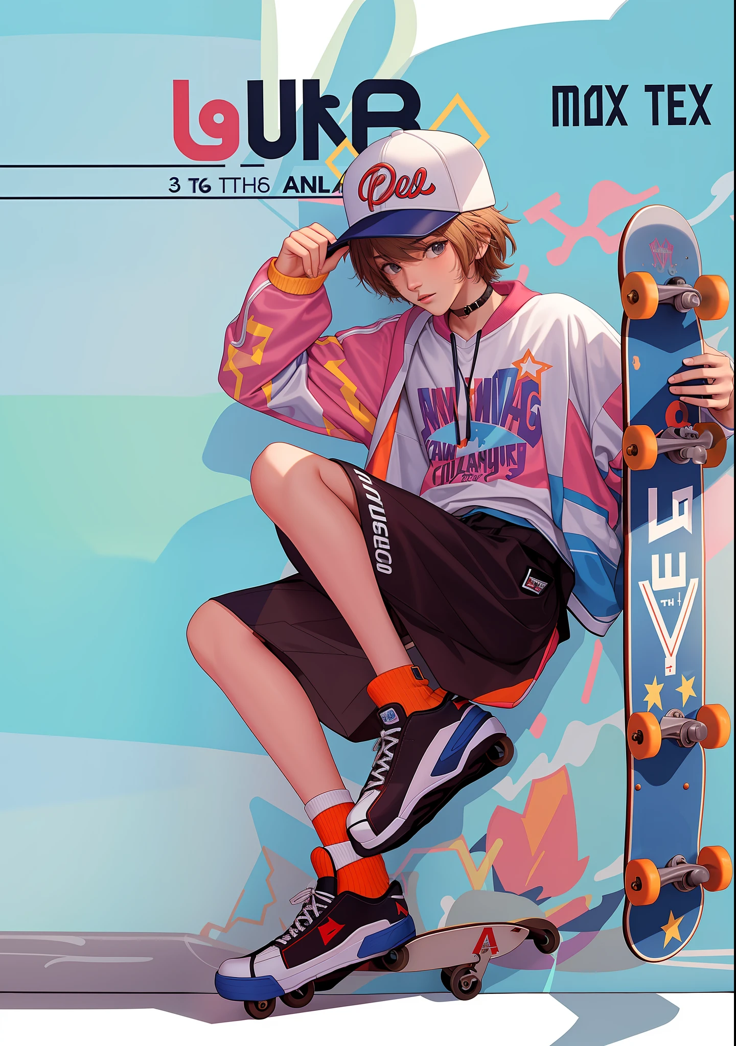 A teenager, wearing cool clothes and a hat, with one hand on the brim of the hat and the other hand holding a skateboard, the background reads Youth is about to have a baby, A3 size, 16k